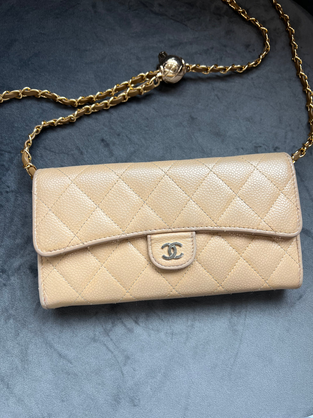 Chanel gusseted beige wallet on chain