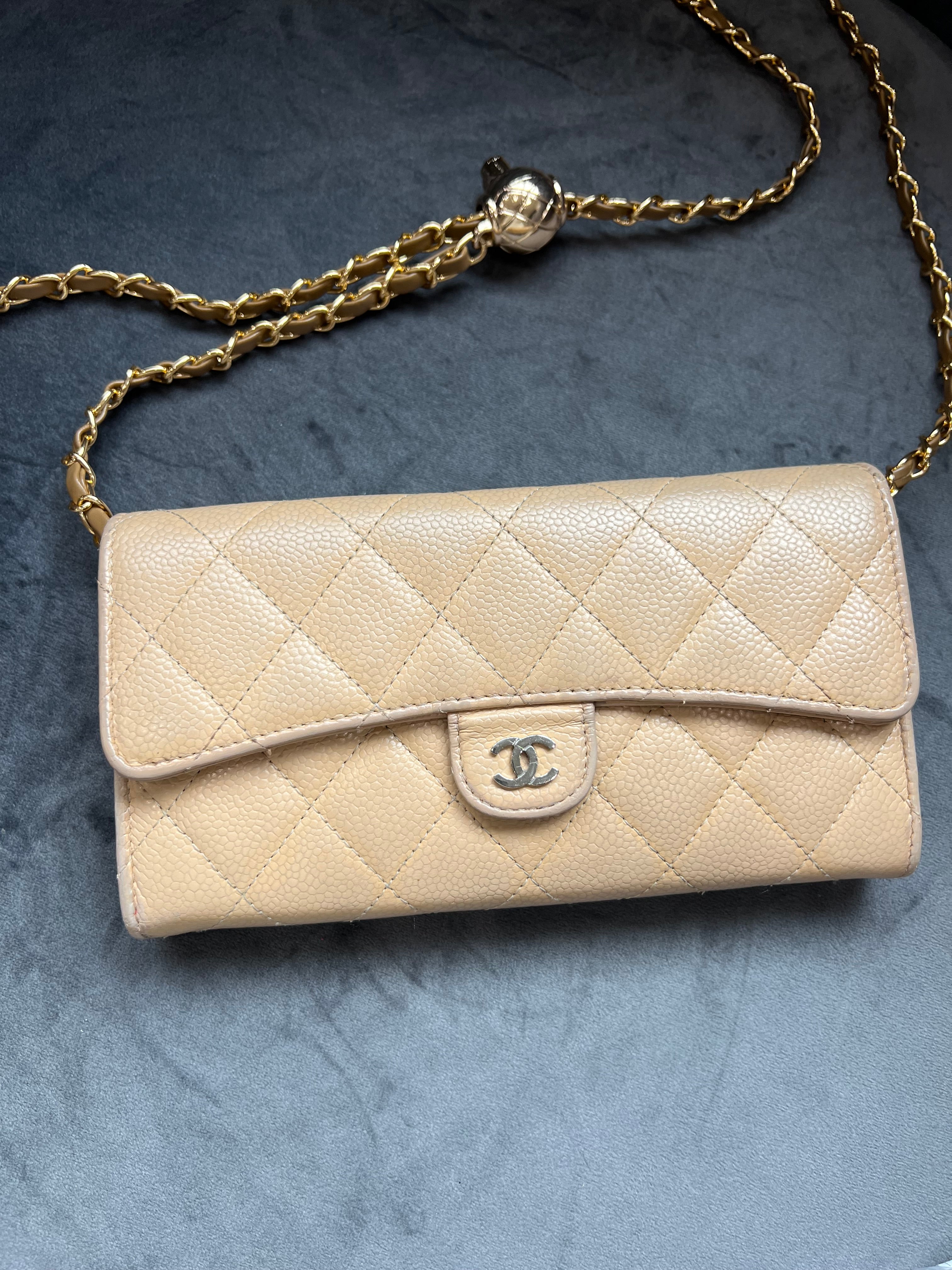 Chanel gusseted beige wallet on chain