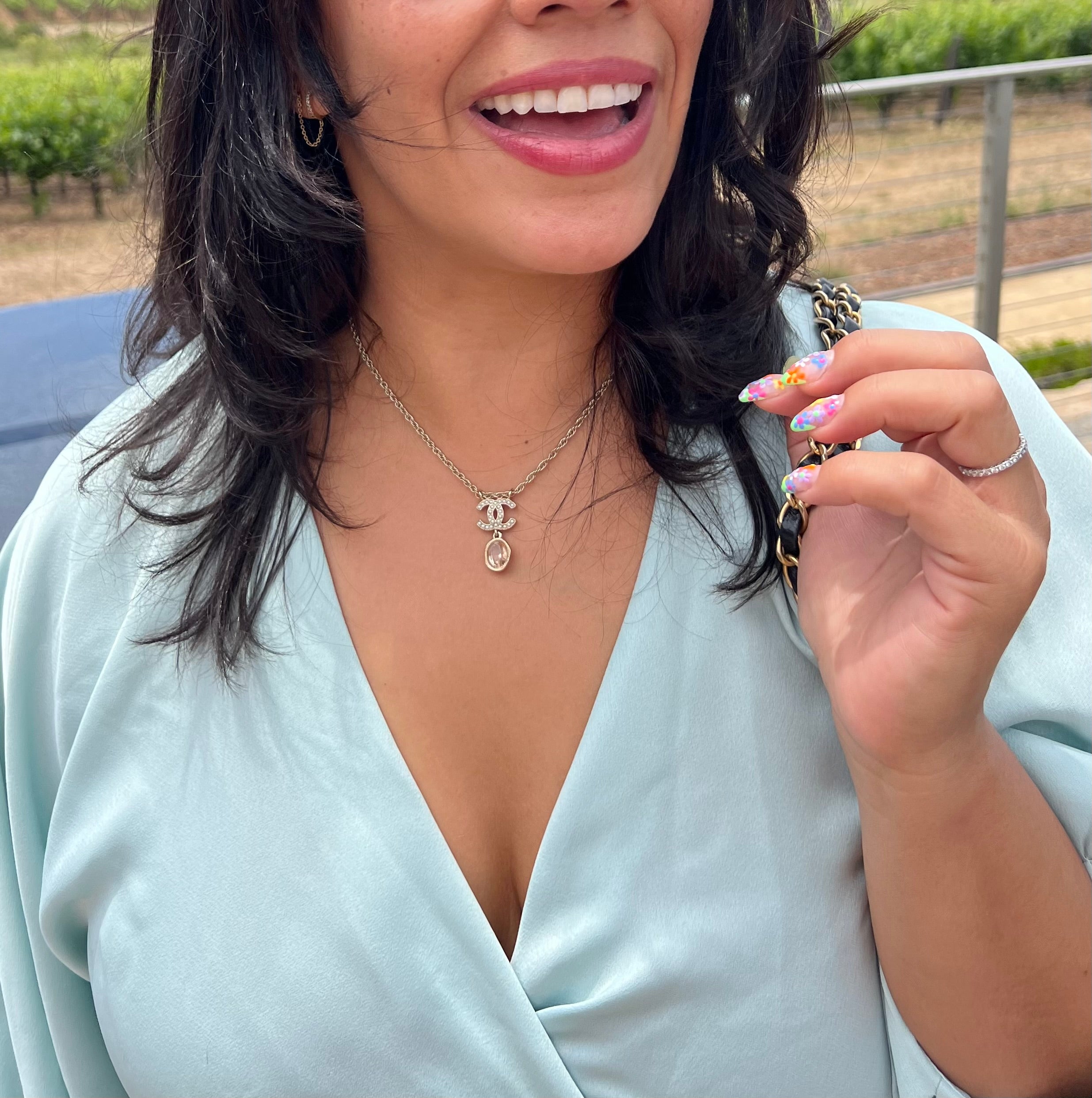 Chanel pink crystal pearl drop necklace