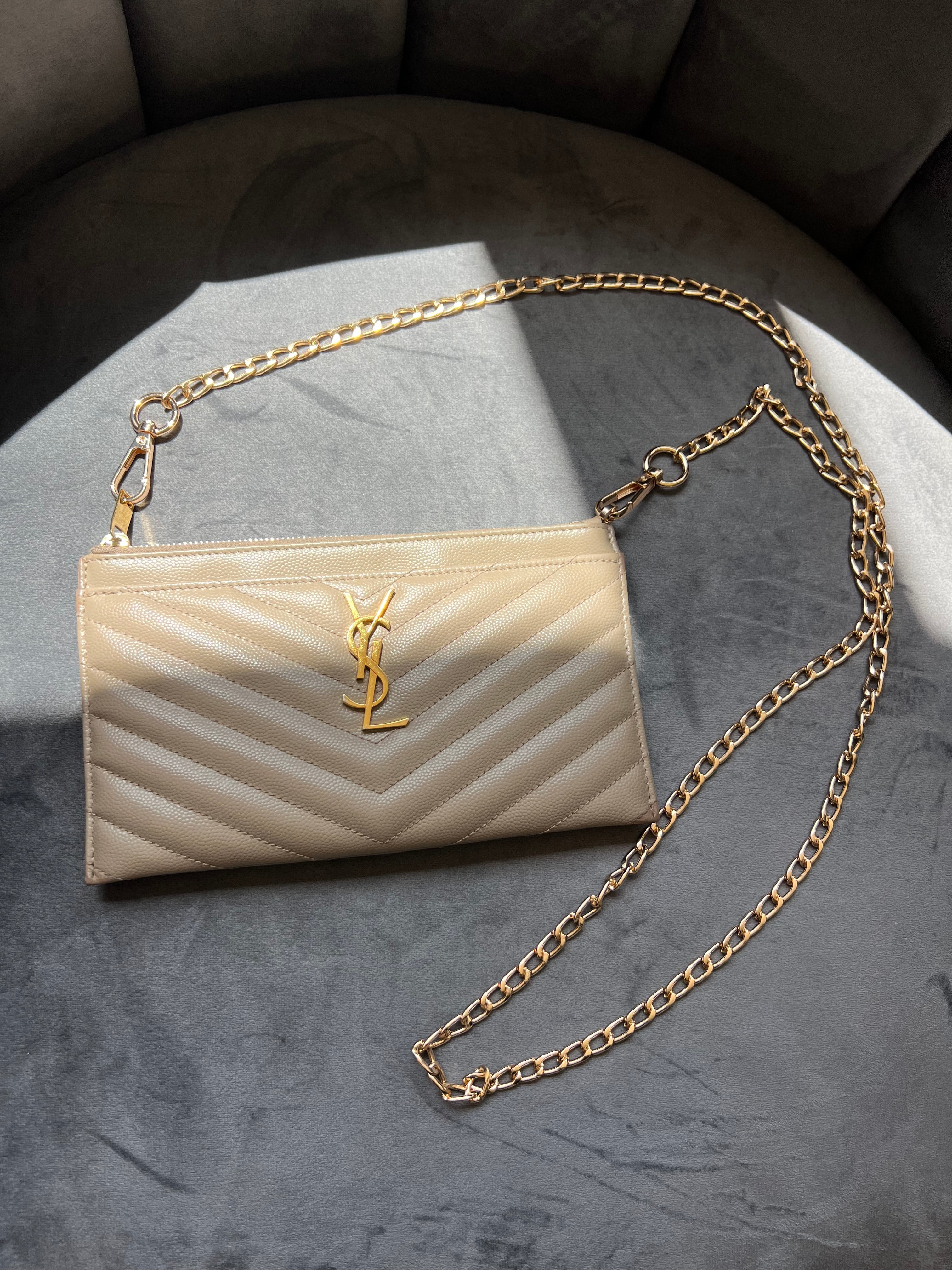Beige YSL monogram clutch wallet on chain