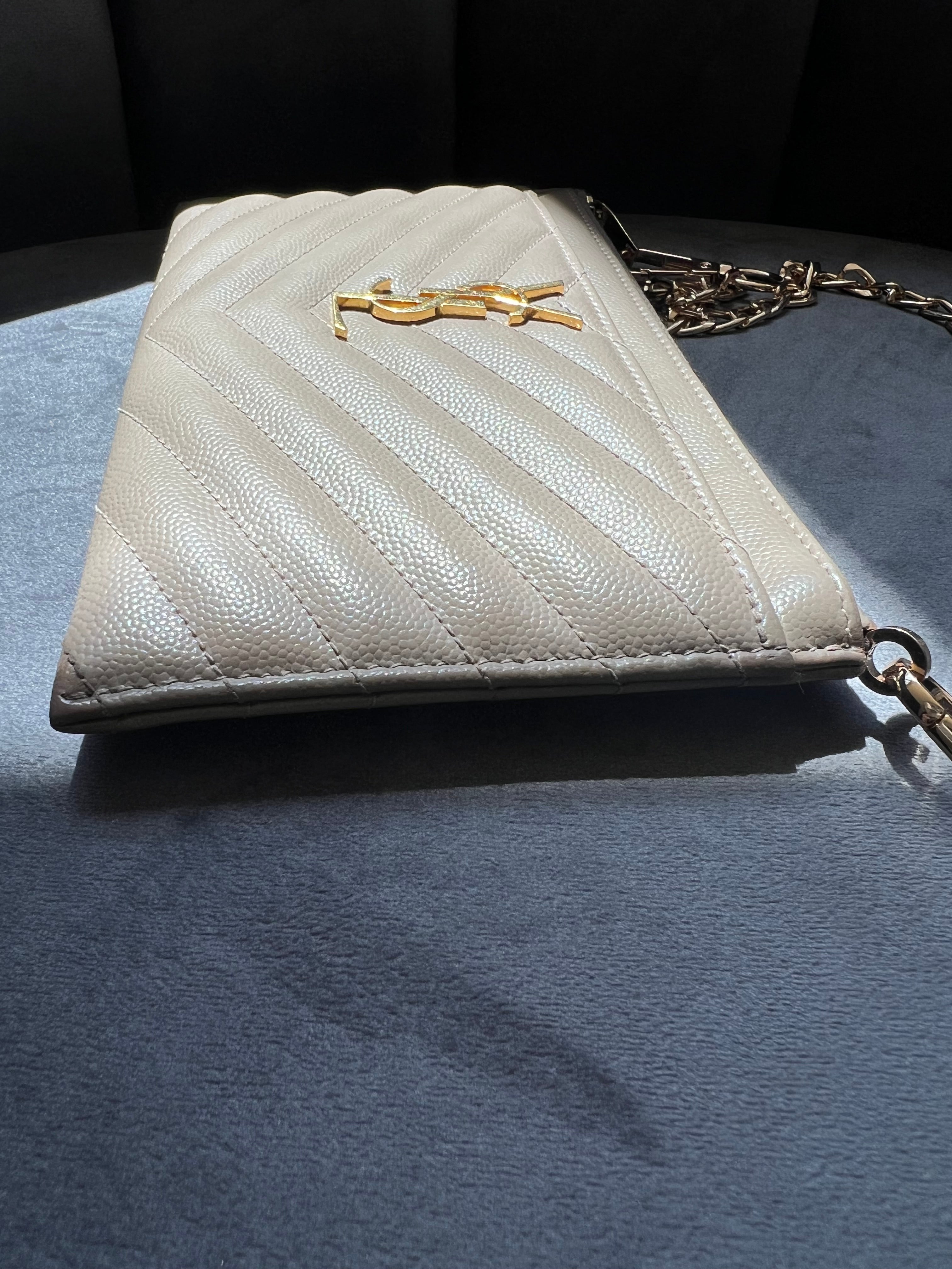 Beige YSL monogram clutch wallet on chain