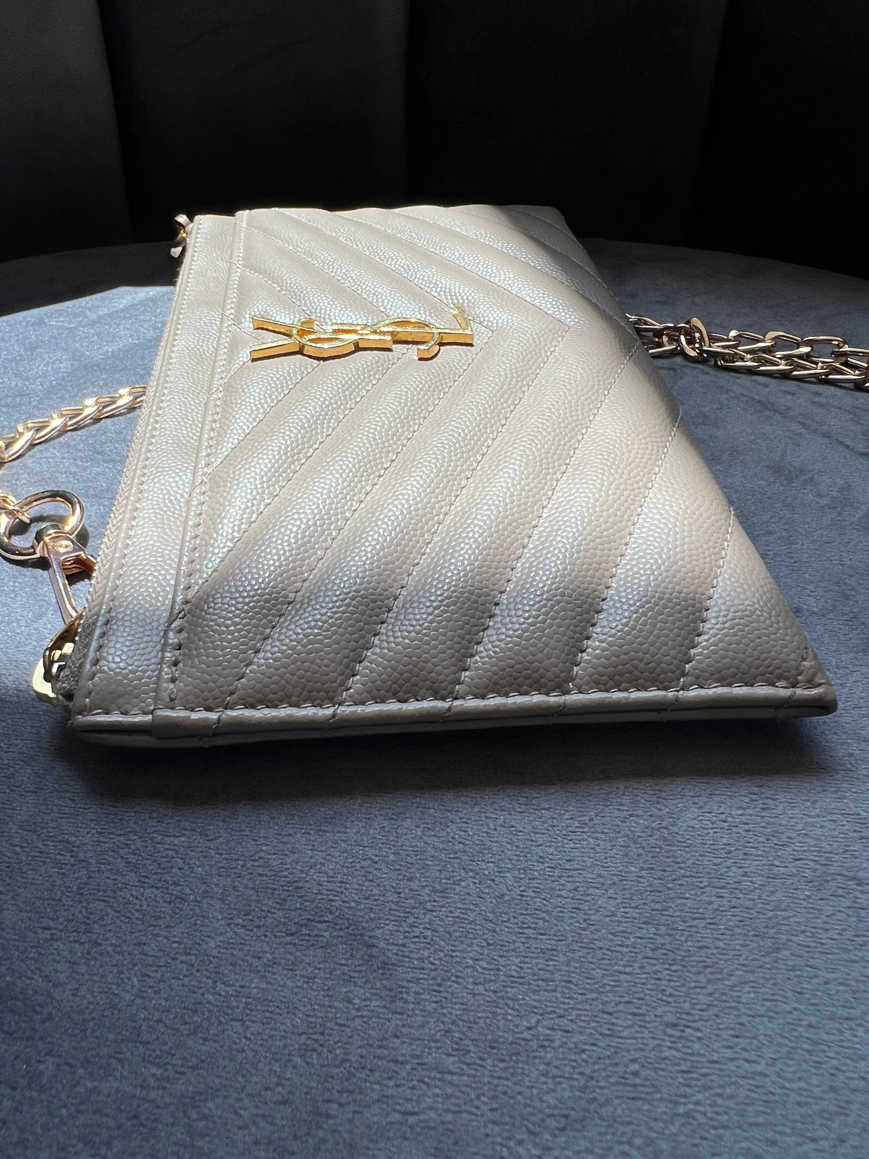 Beige YSL monogram clutch wallet on chain