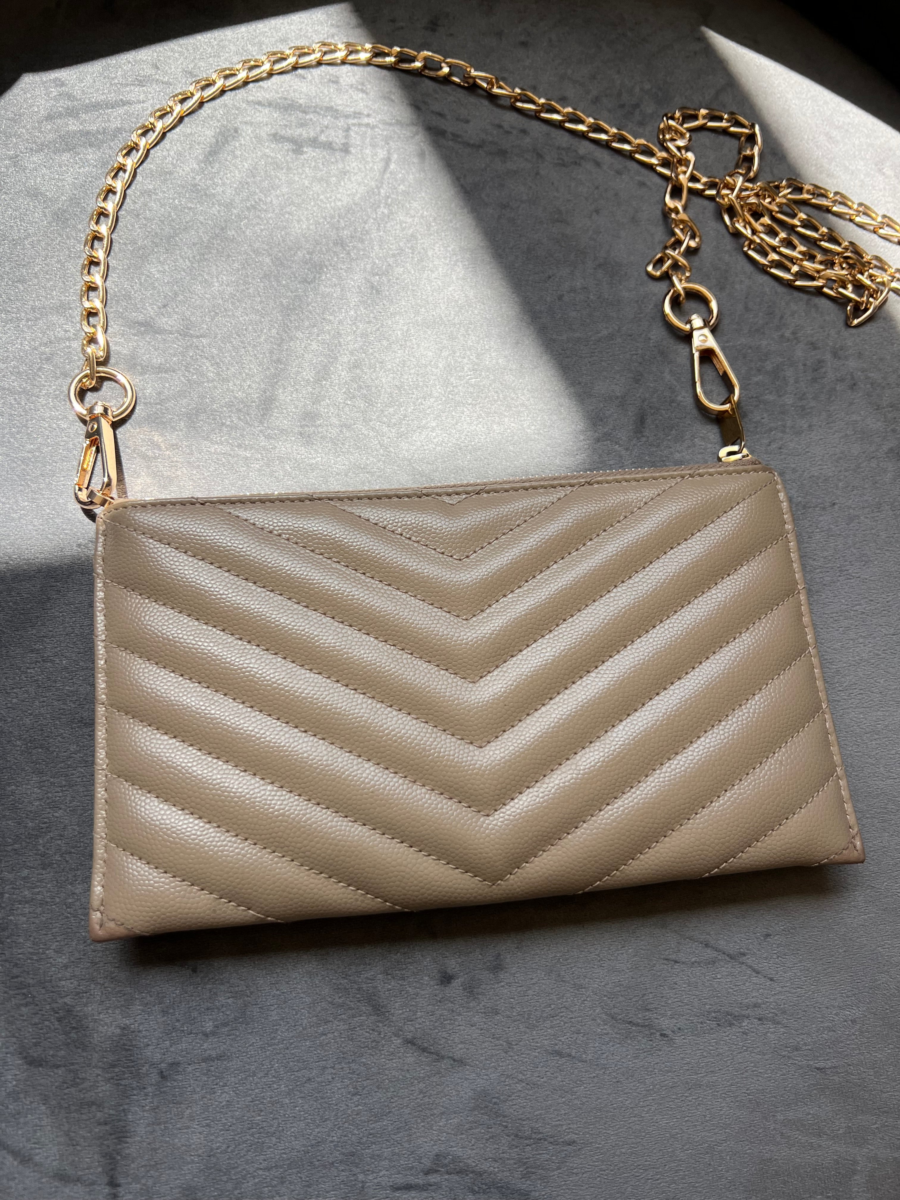 Beige YSL monogram clutch wallet on chain