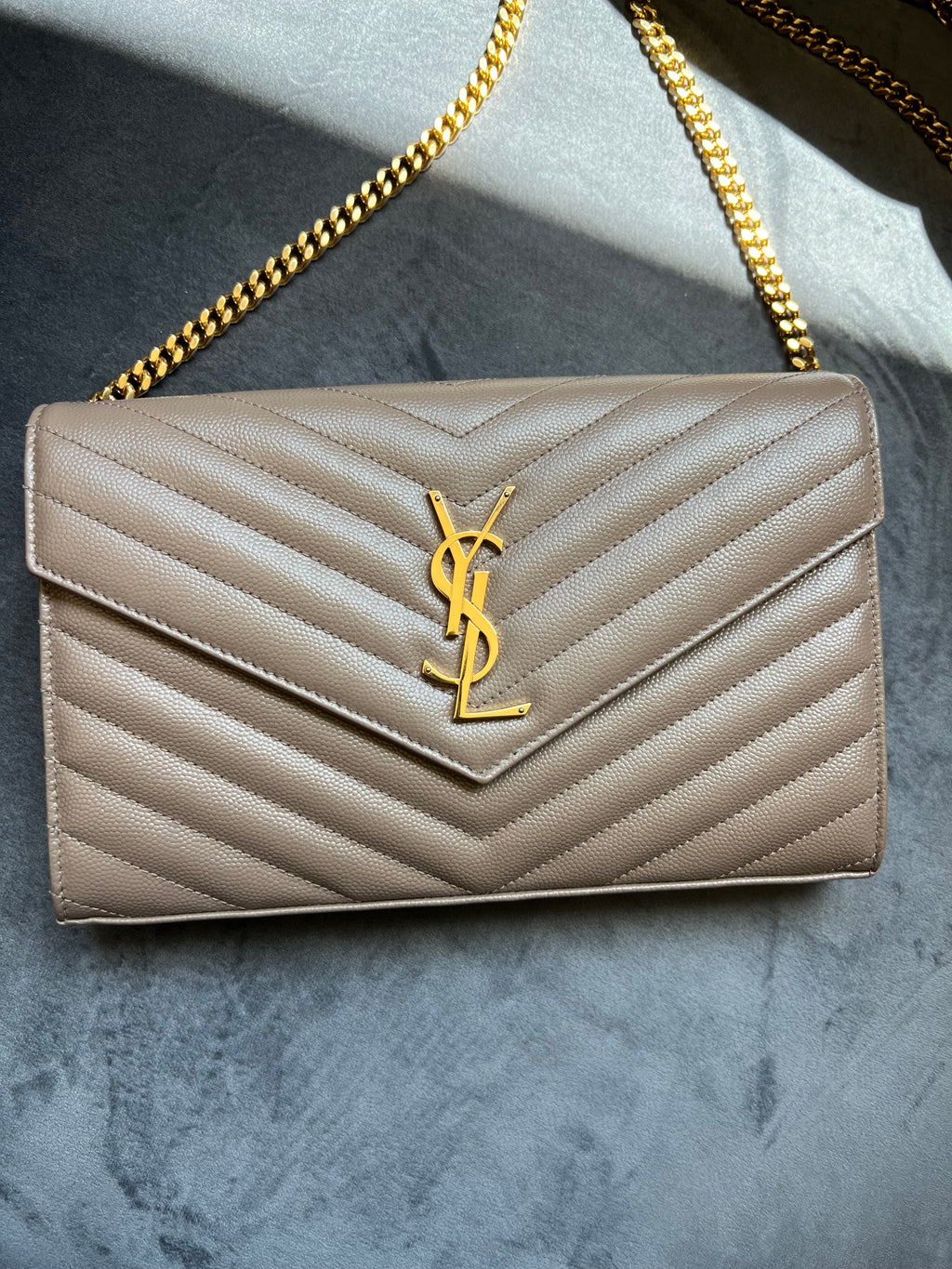 YSL cassadre envelope crossbody large dark beige