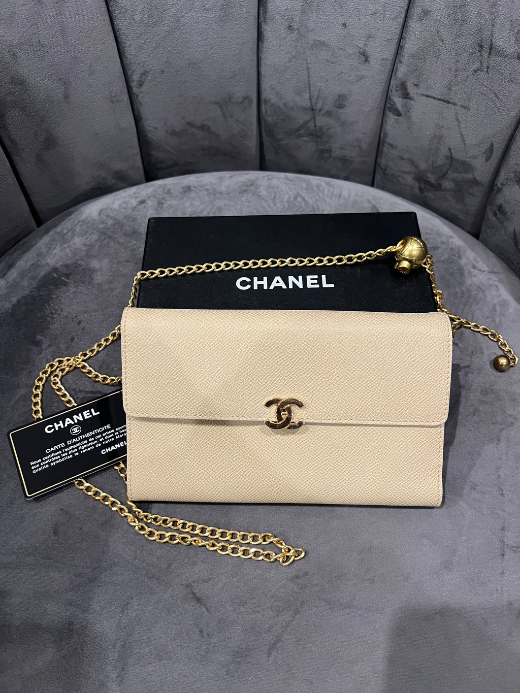Chanel caviar beige clutch 24k gold hardware