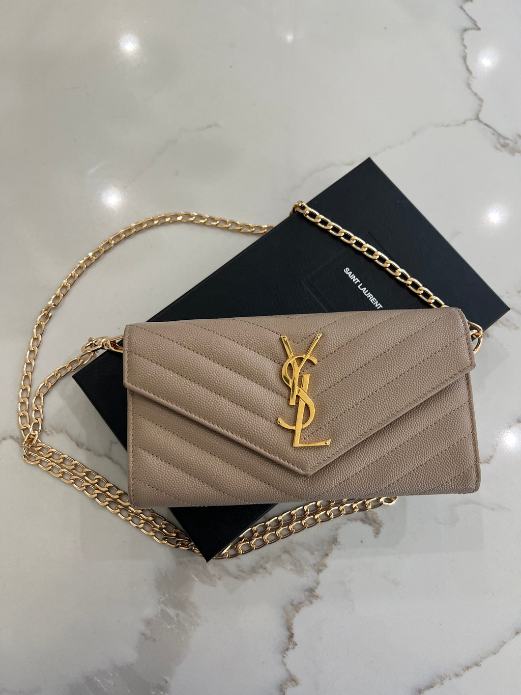 Beige Saint Laurent Cassandre Envelope Flap Wallet on Chain
