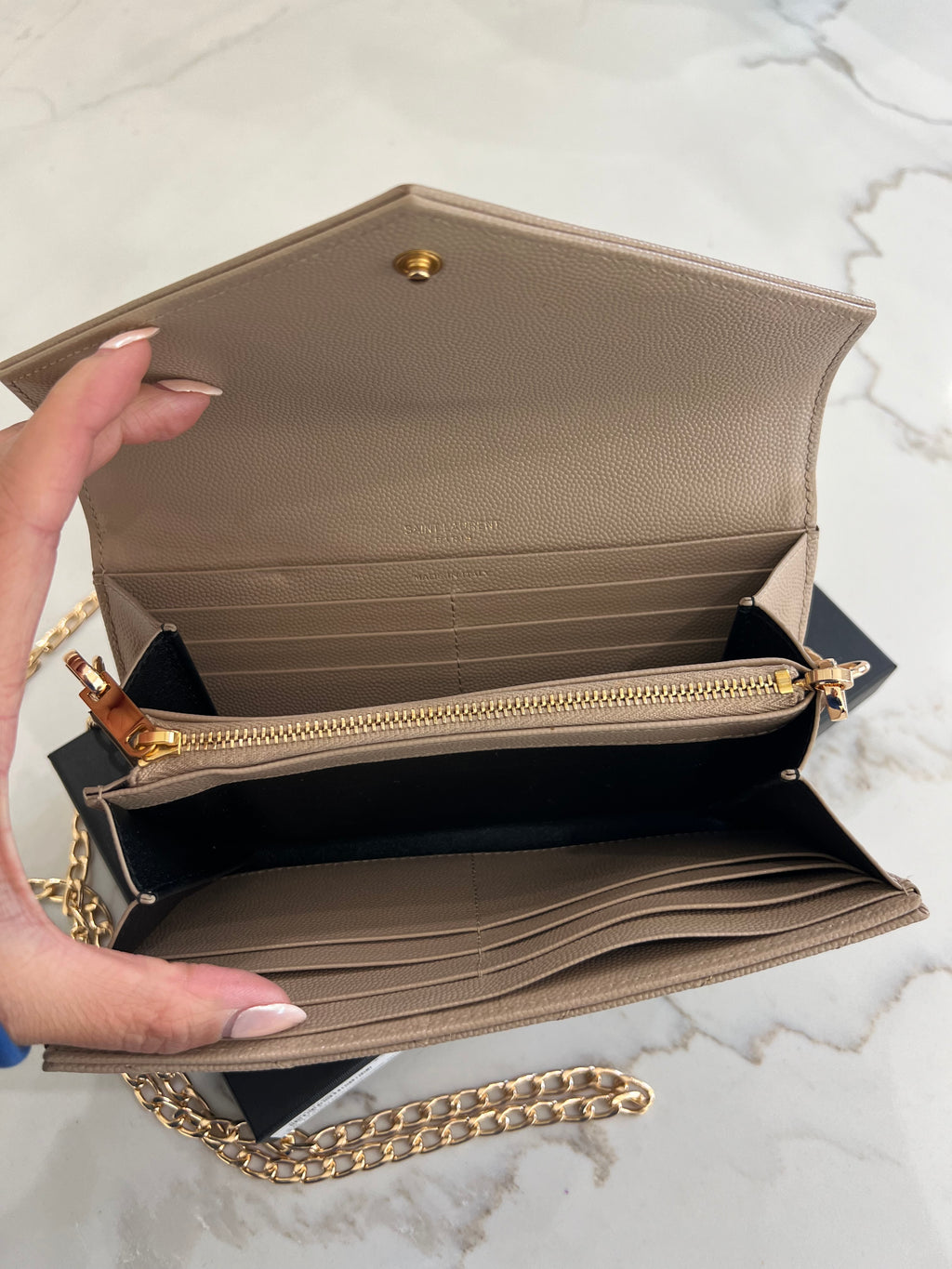 Beige Saint Laurent Cassandre Envelope Flap Wallet on Chain