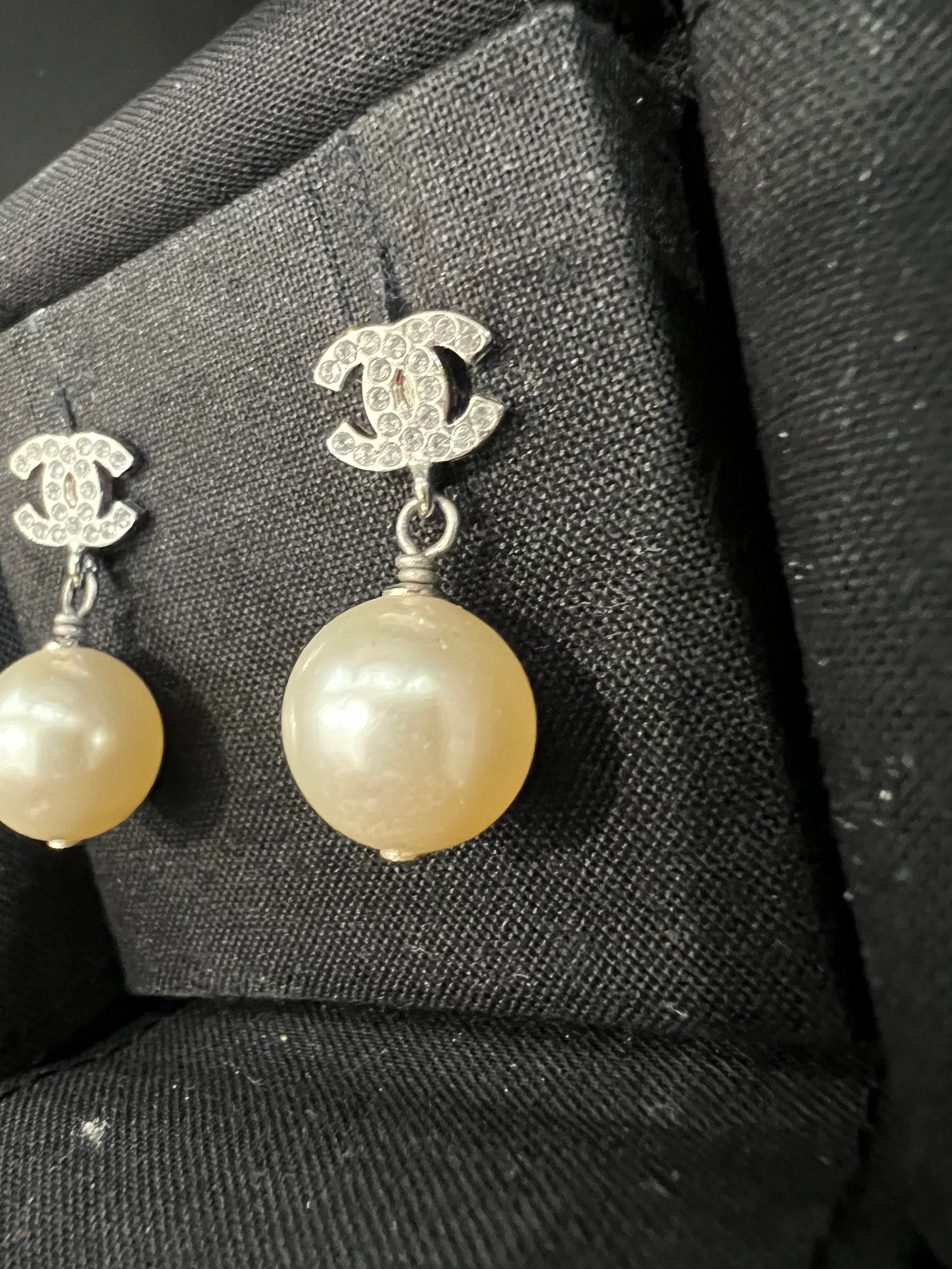 CHANEL Crystal Pearl CC Drop Earrings
