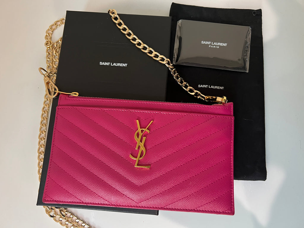 Pink YSL monogram clutch on chain