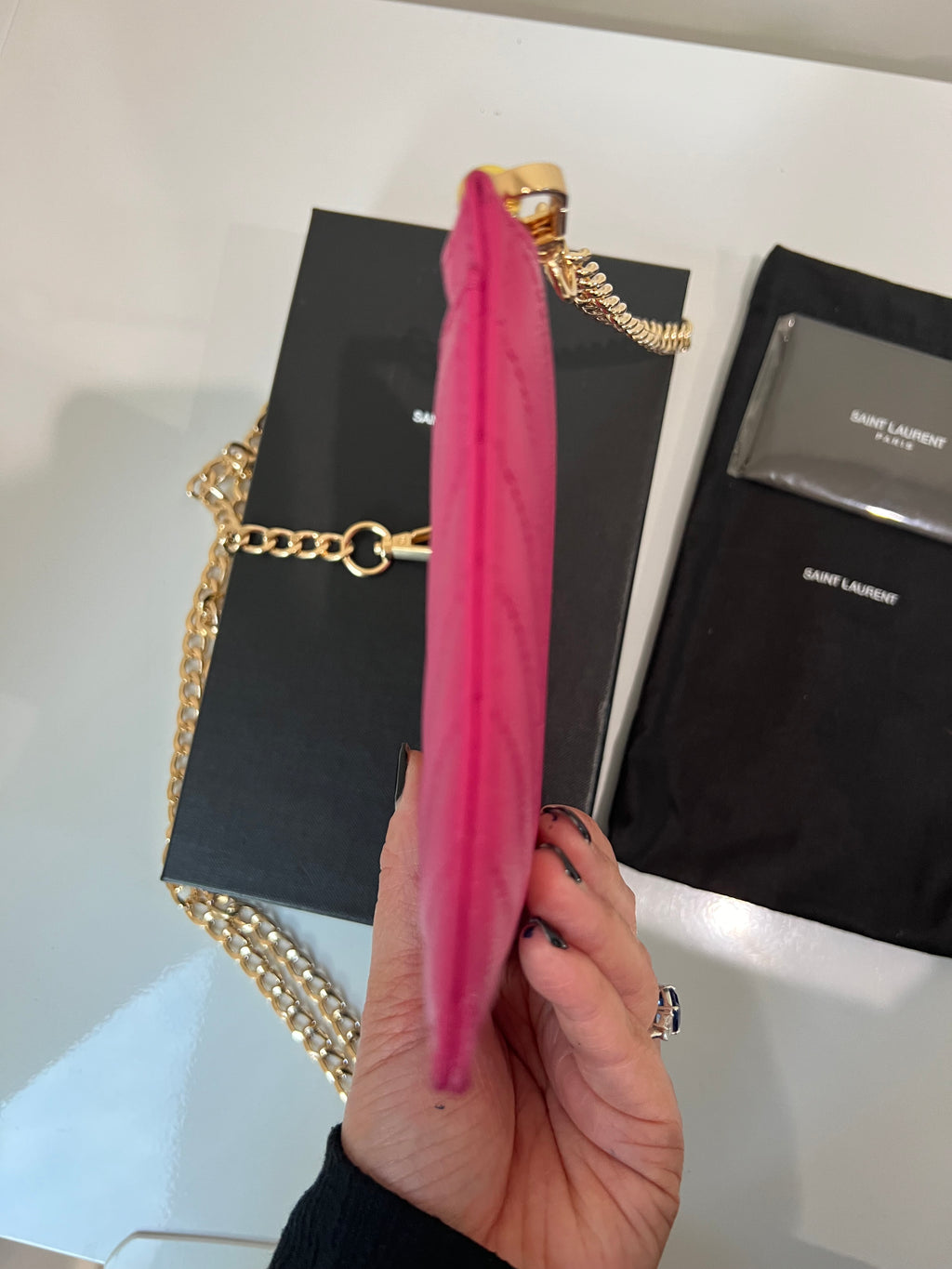 Pink YSL monogram clutch on chain