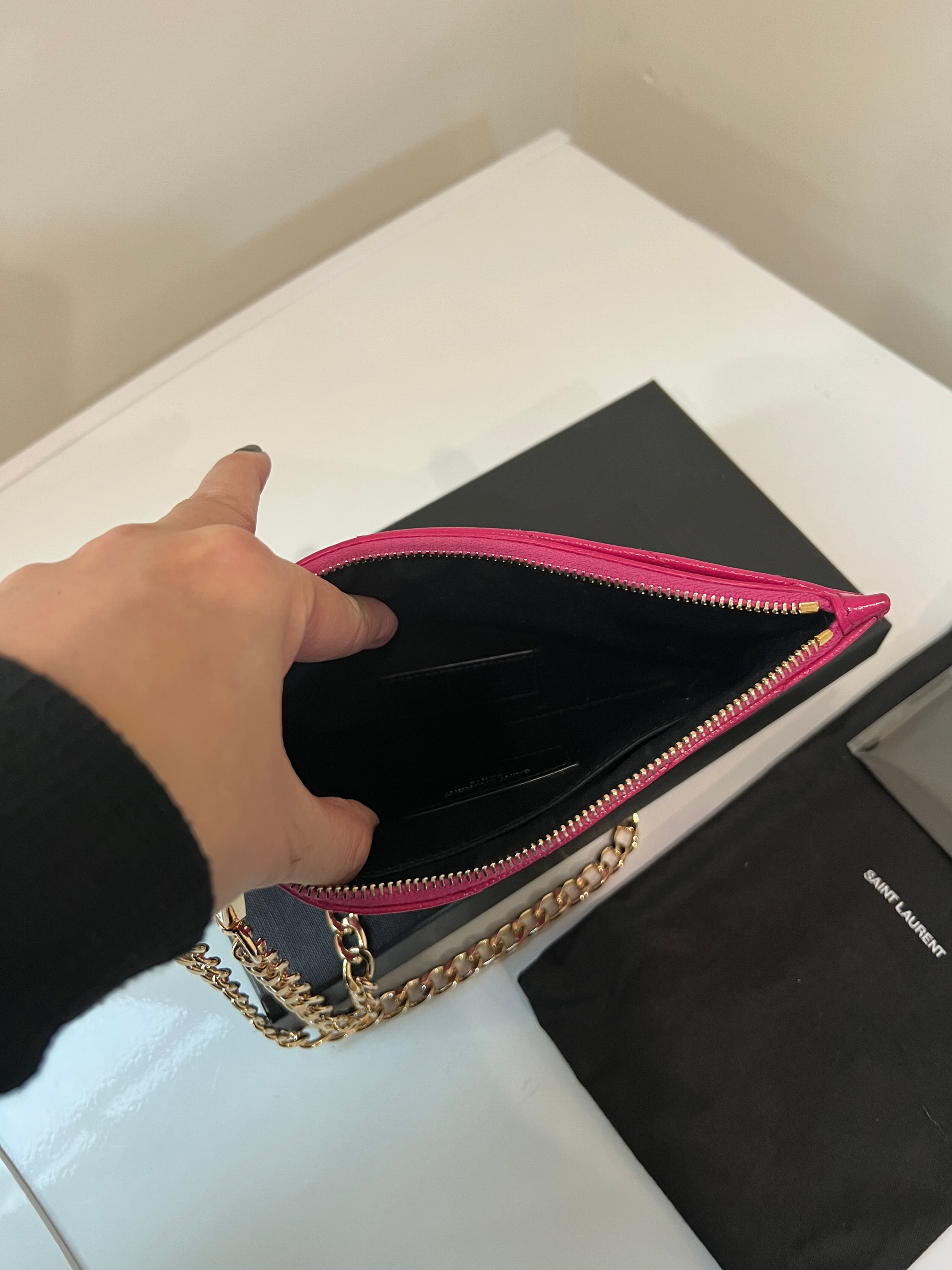 Pink YSL monogram clutch on chain