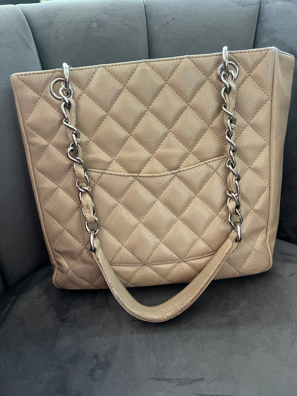 CHANEL Caviar Quilted Petite Shopping Tote PST beige