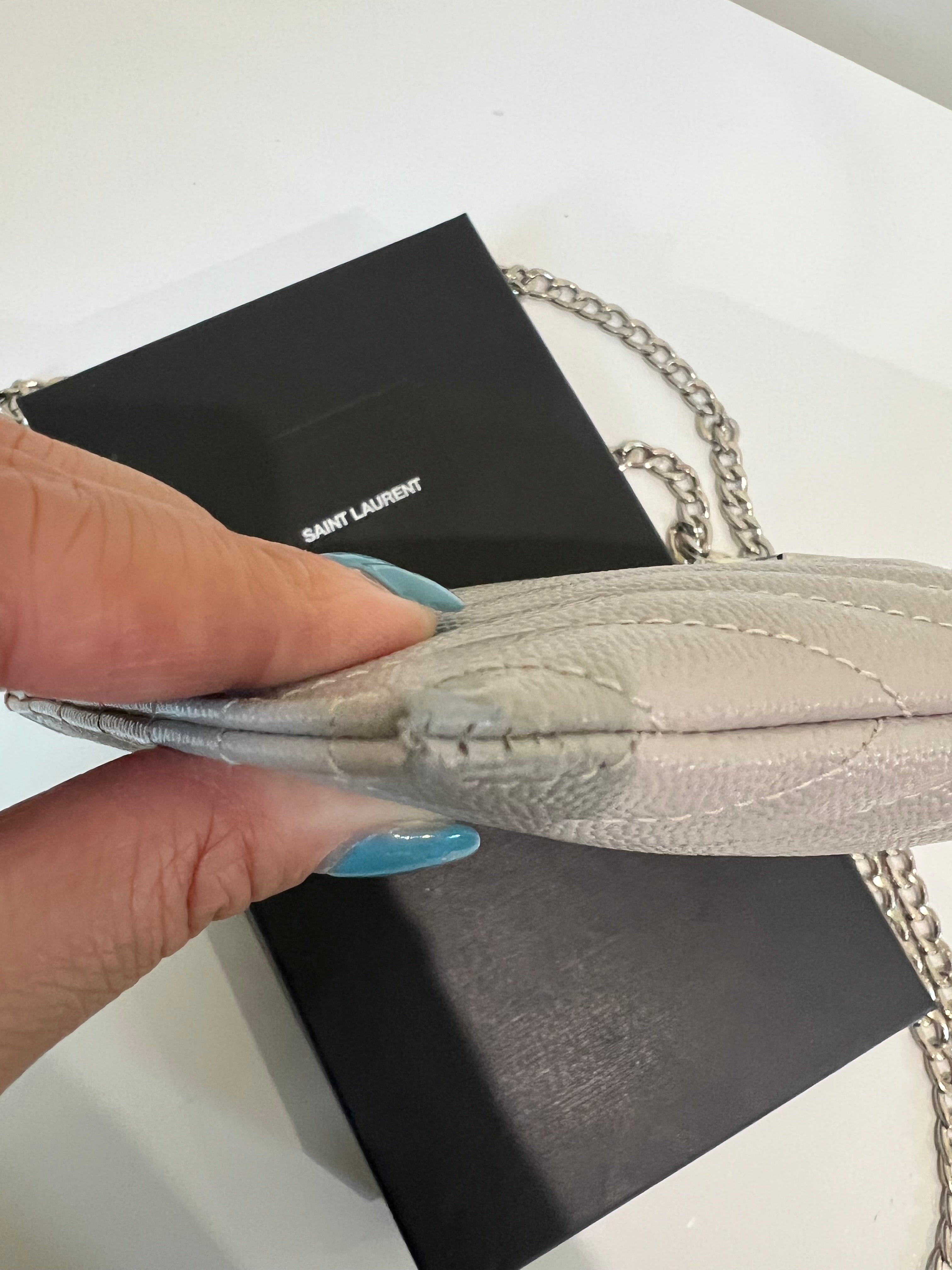Grey YSL monogram clutch on chain