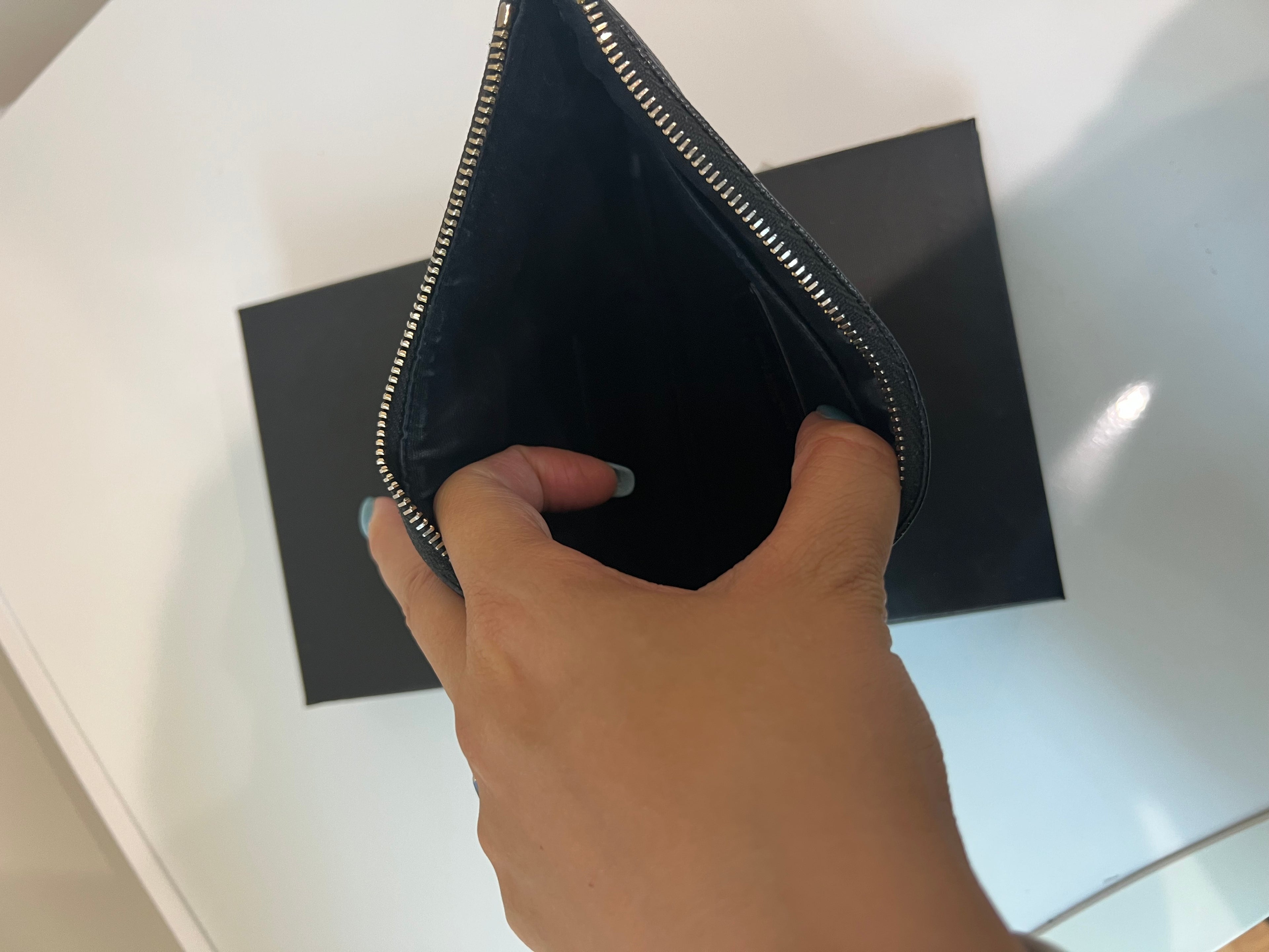 Grey YSL monogram clutch on chain