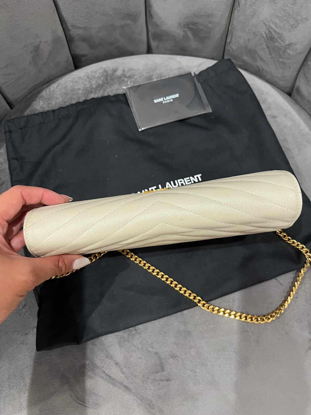 YSL cassandre envelope crossbody large ivory