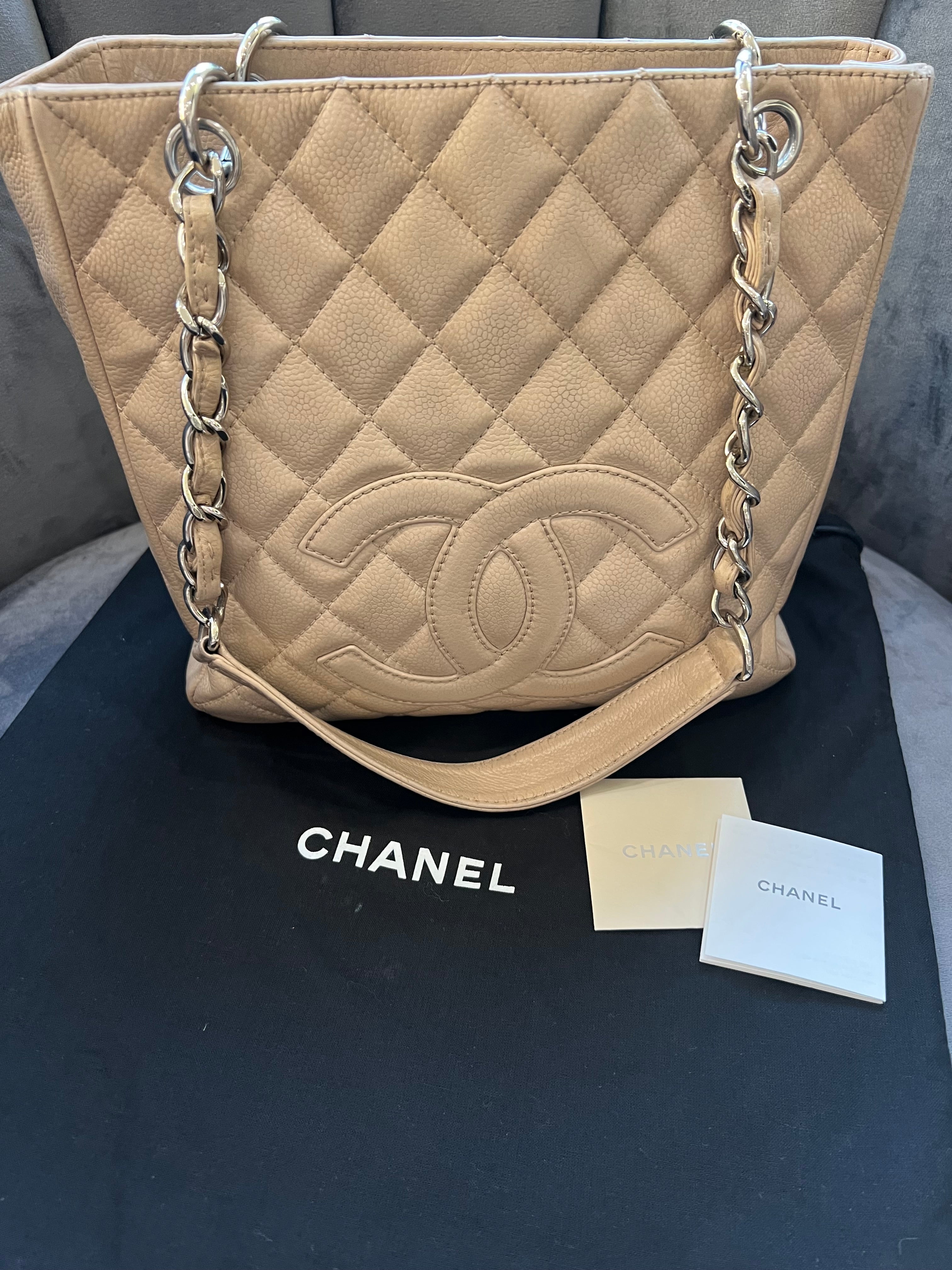 CHANEL Caviar Quilted Petite Shopping Tote PST beige