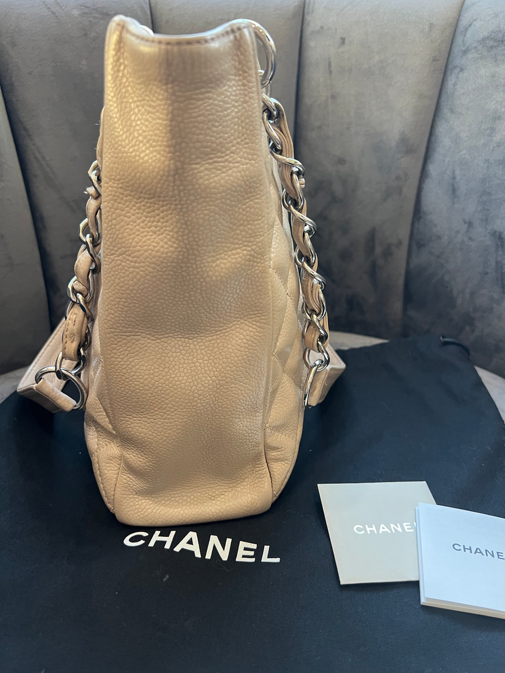 CHANEL Caviar Quilted Petite Shopping Tote PST beige