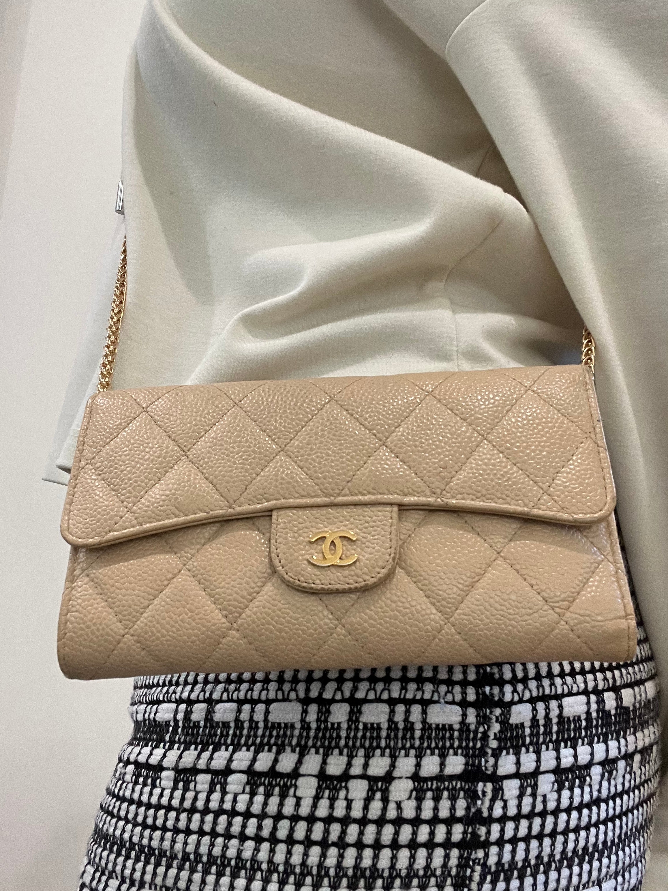 Chanel beige timeless wallet on chain