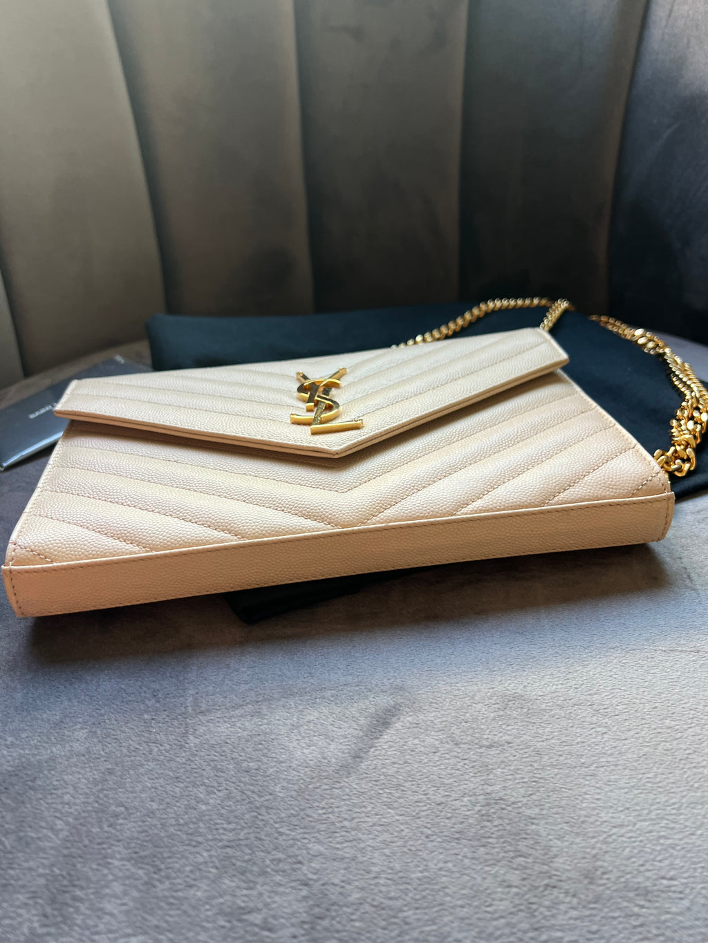 YSL cassandre flap large wallet on chain beige