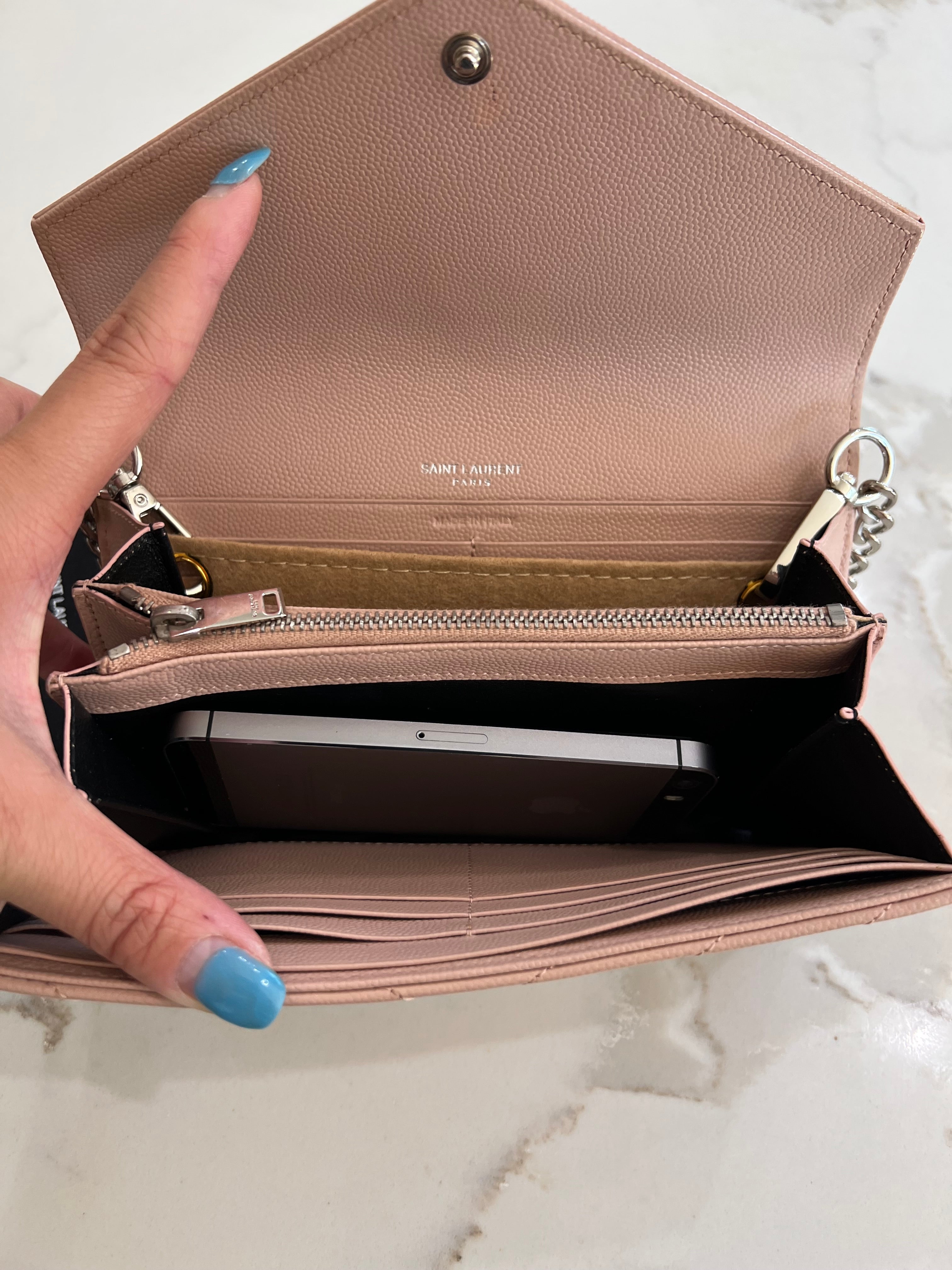 Pink YSL cassandre wallet on chain
