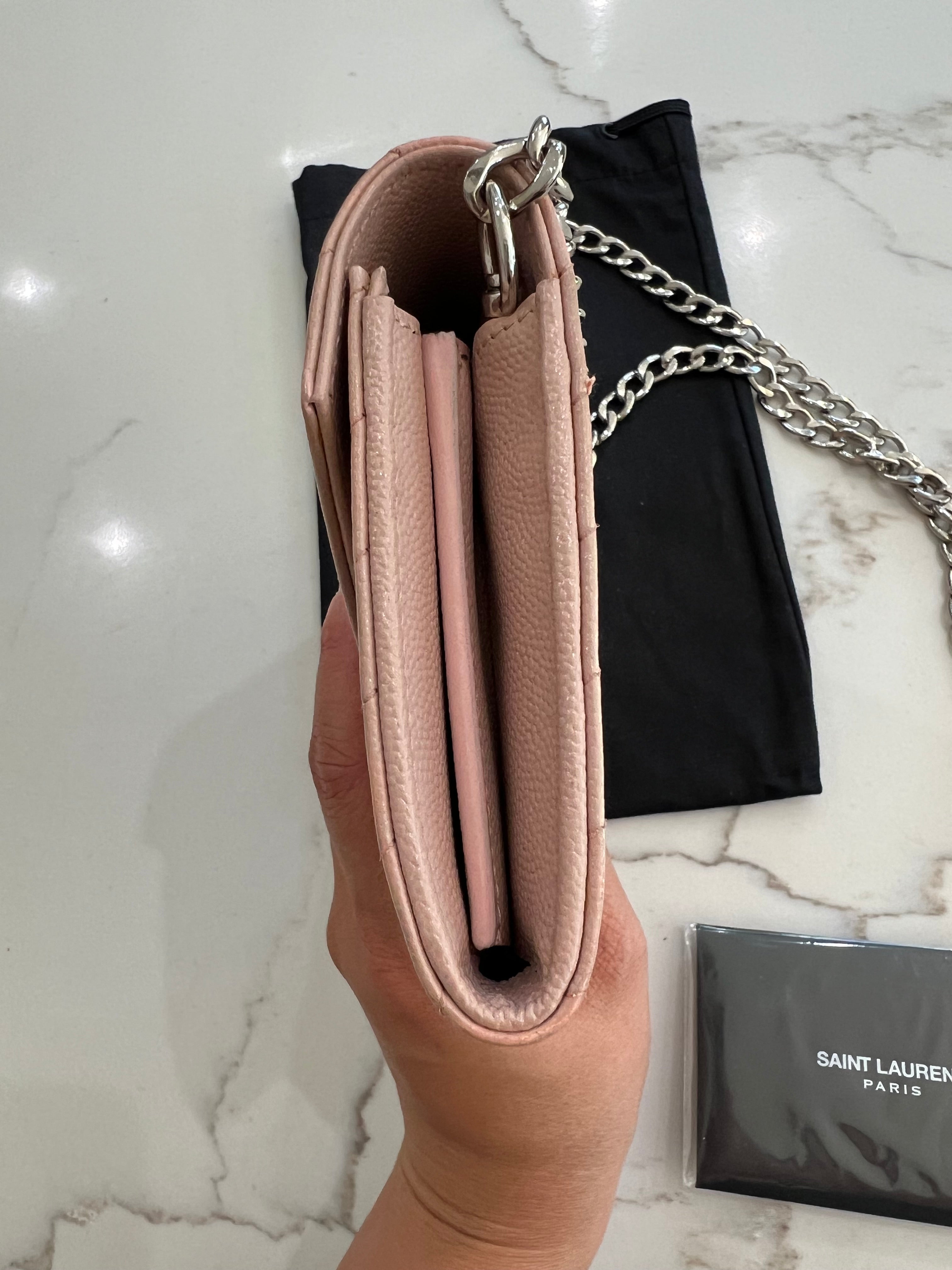 Pink YSL cassandre wallet on chain