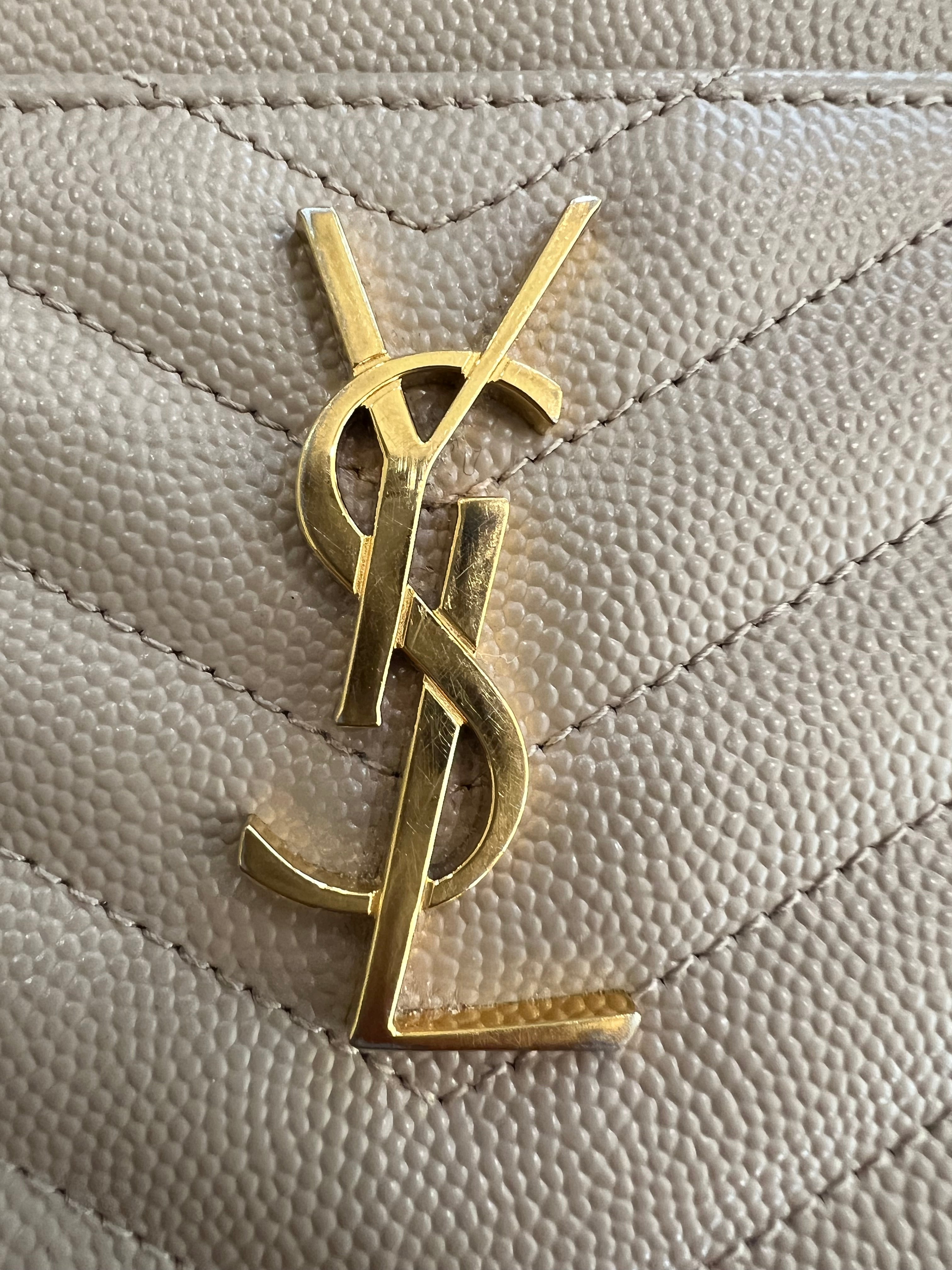 Beige YSL monogram clutch wallet on chain