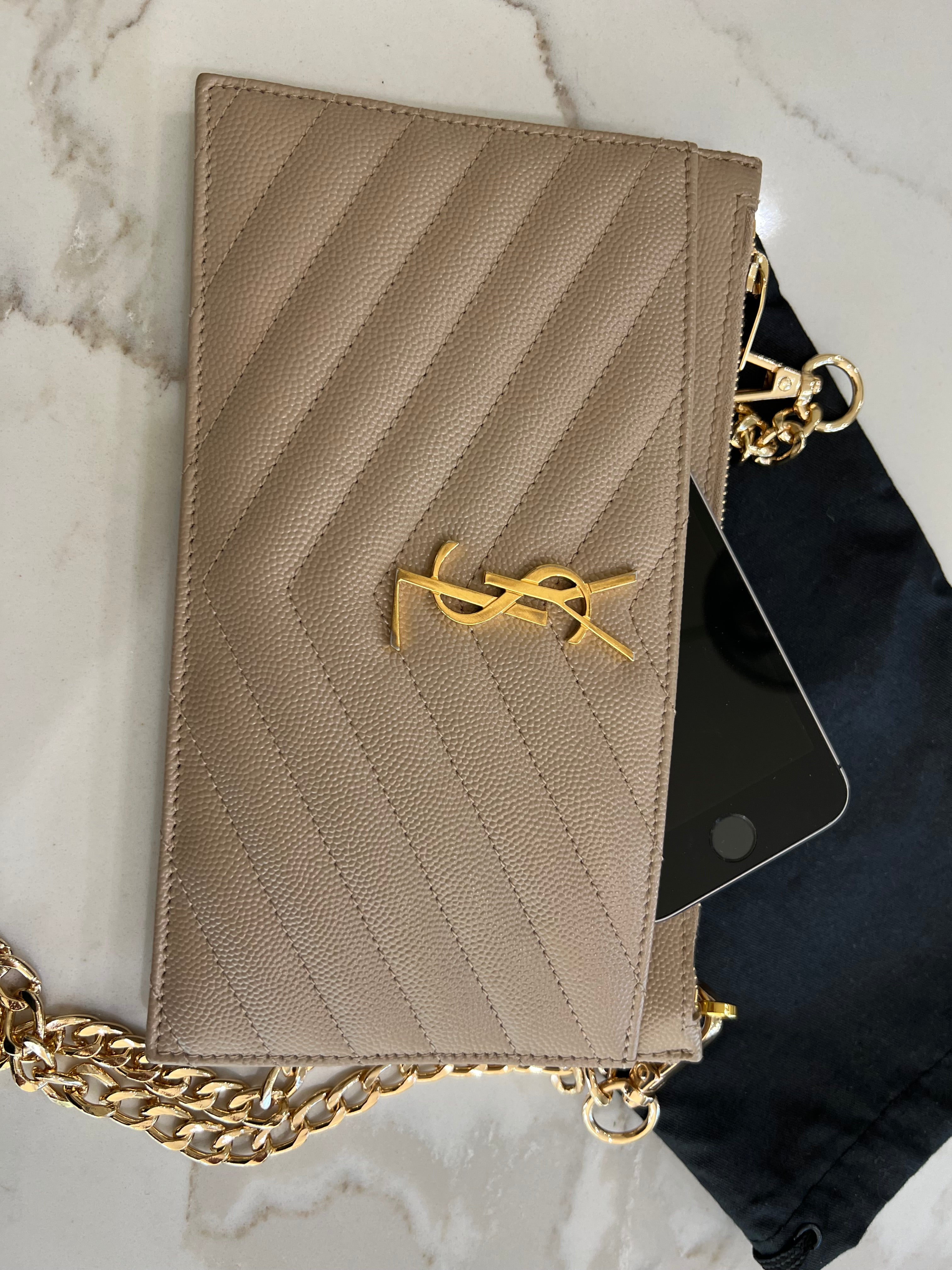 Beige YSL monogram clutch wallet on chain