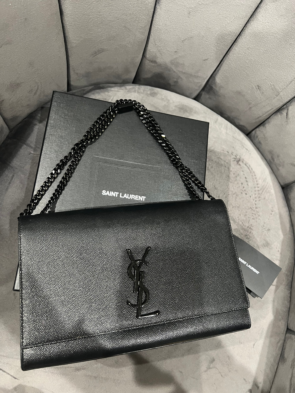 YVES SAINT LAURENT Grain De Poudre Medium Classic Monogram Kate Satchel Black