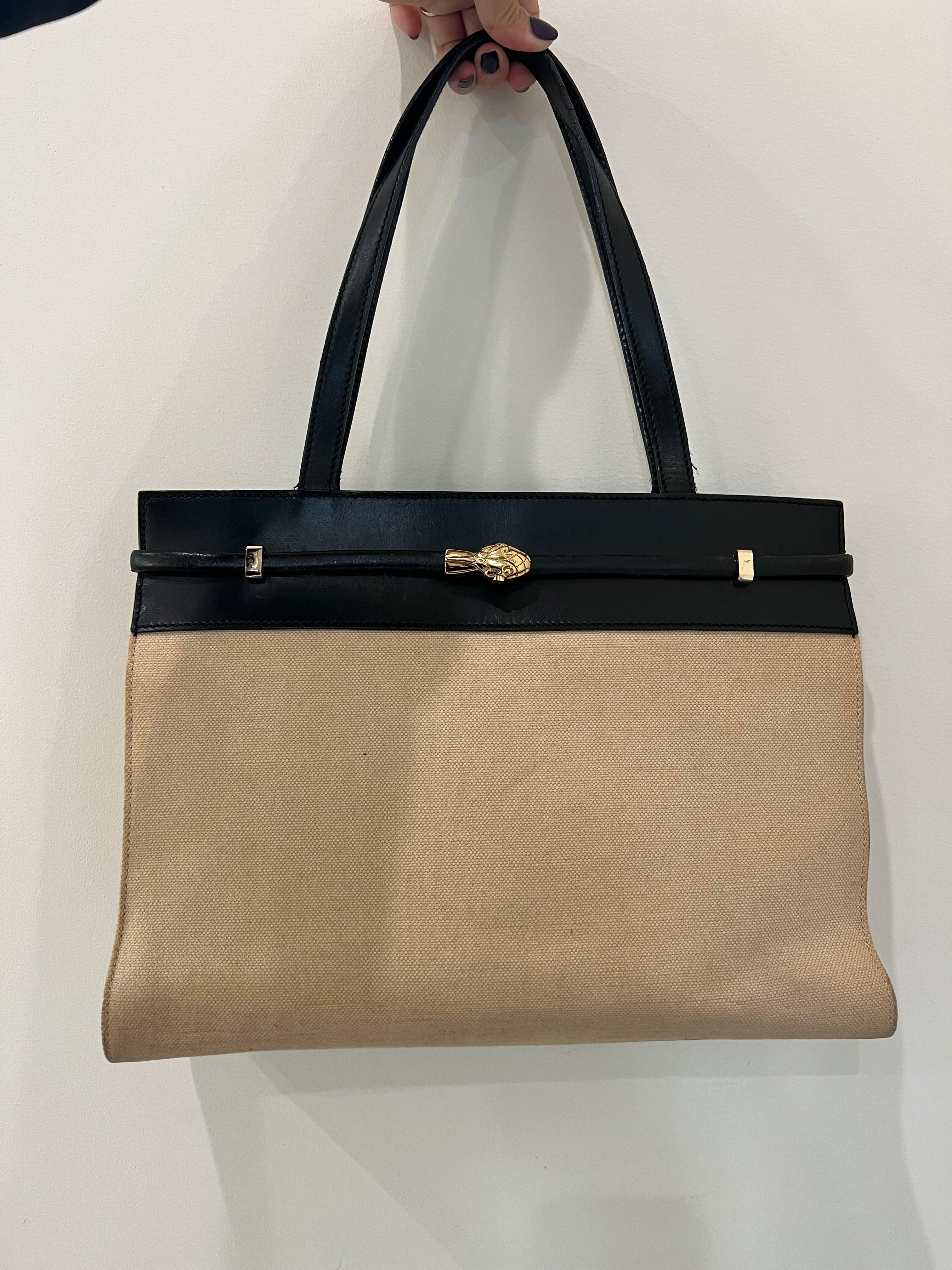 YSL Manhattan canvas tote beige and black