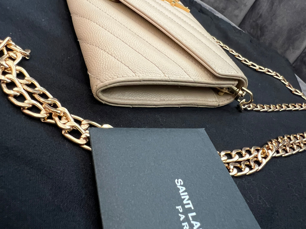 Yves Saint Laurent beige cassandre envelope flap wallet on chain