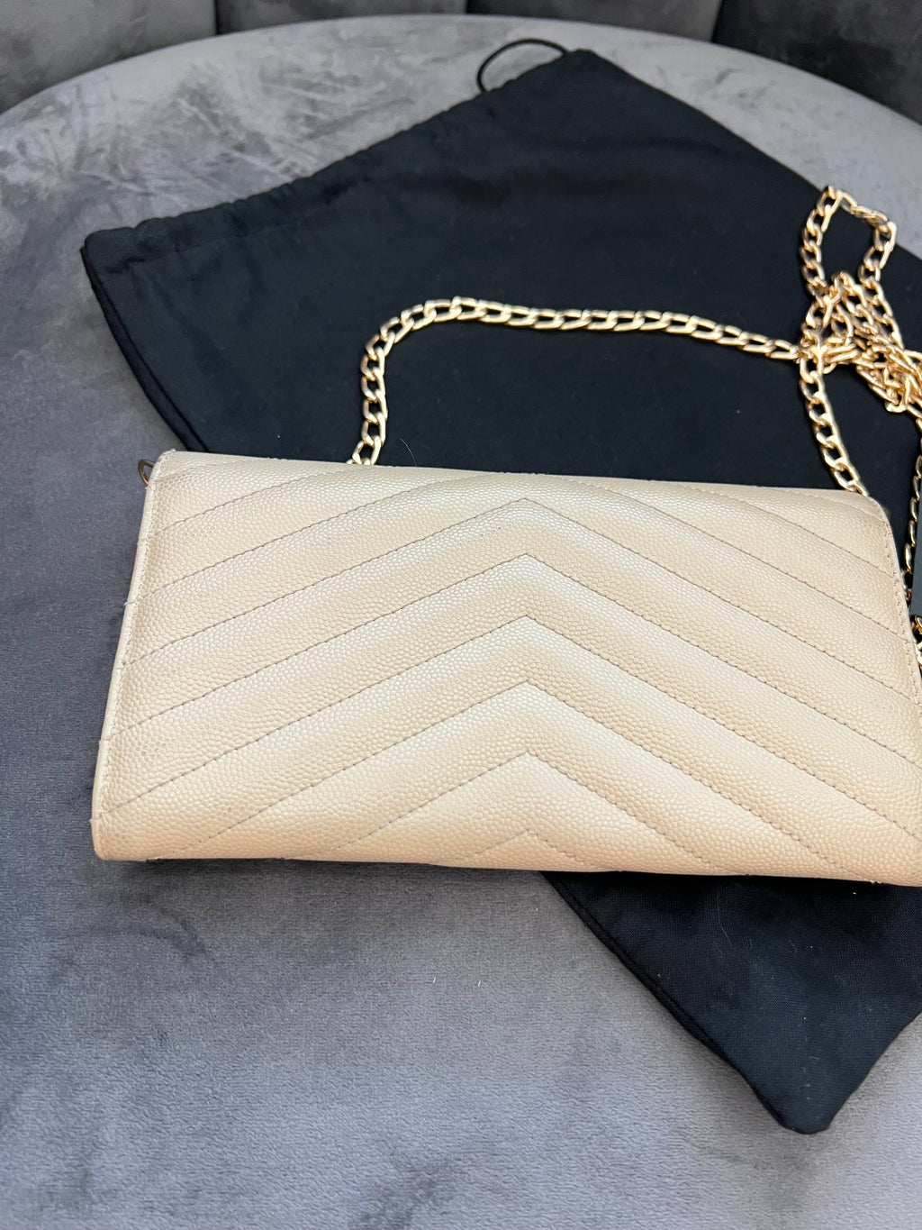 Yves Saint Laurent beige cassandre envelope flap wallet on chain