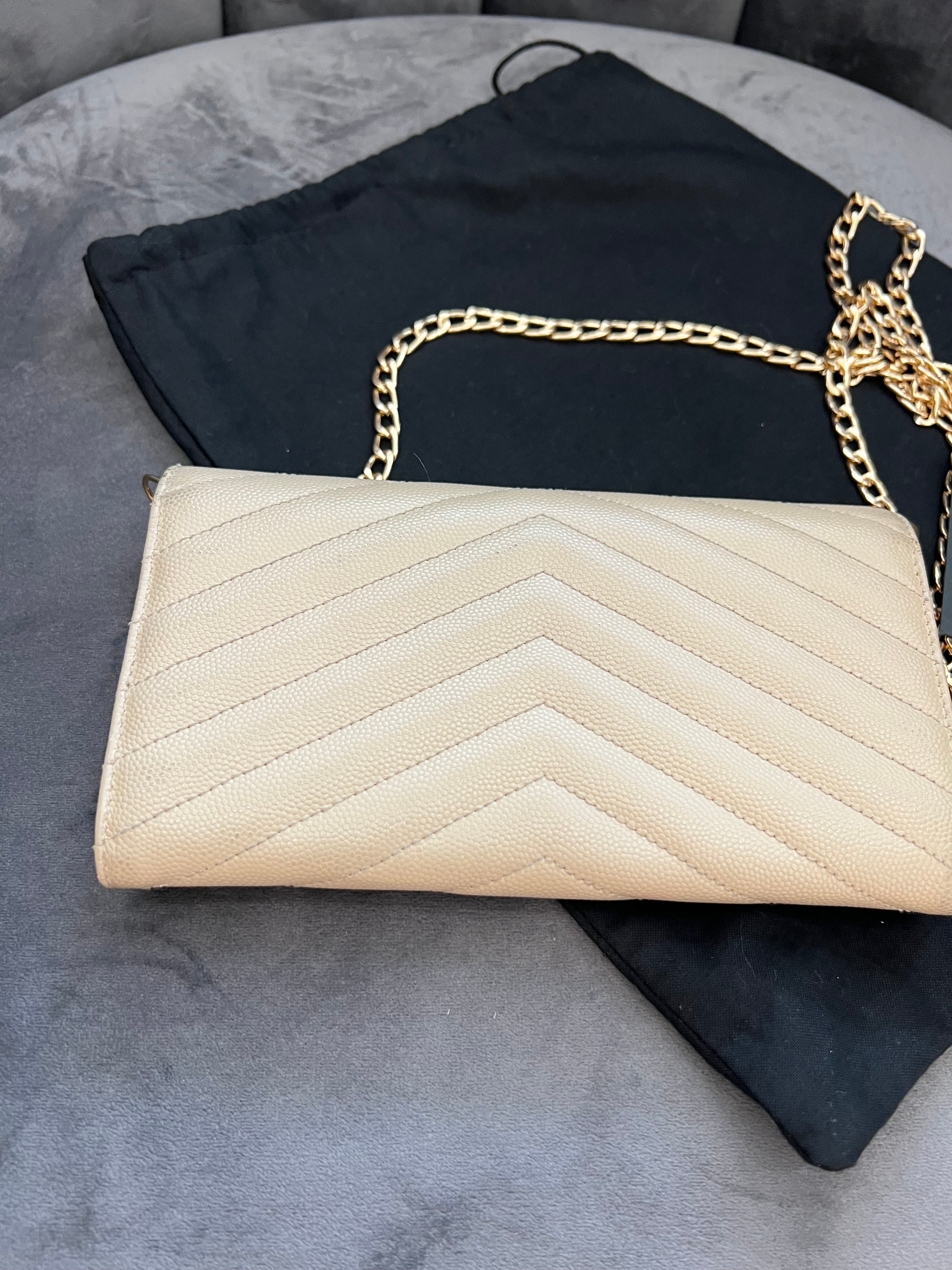 Yves Saint Laurent beige cassandre envelope flap wallet on chain