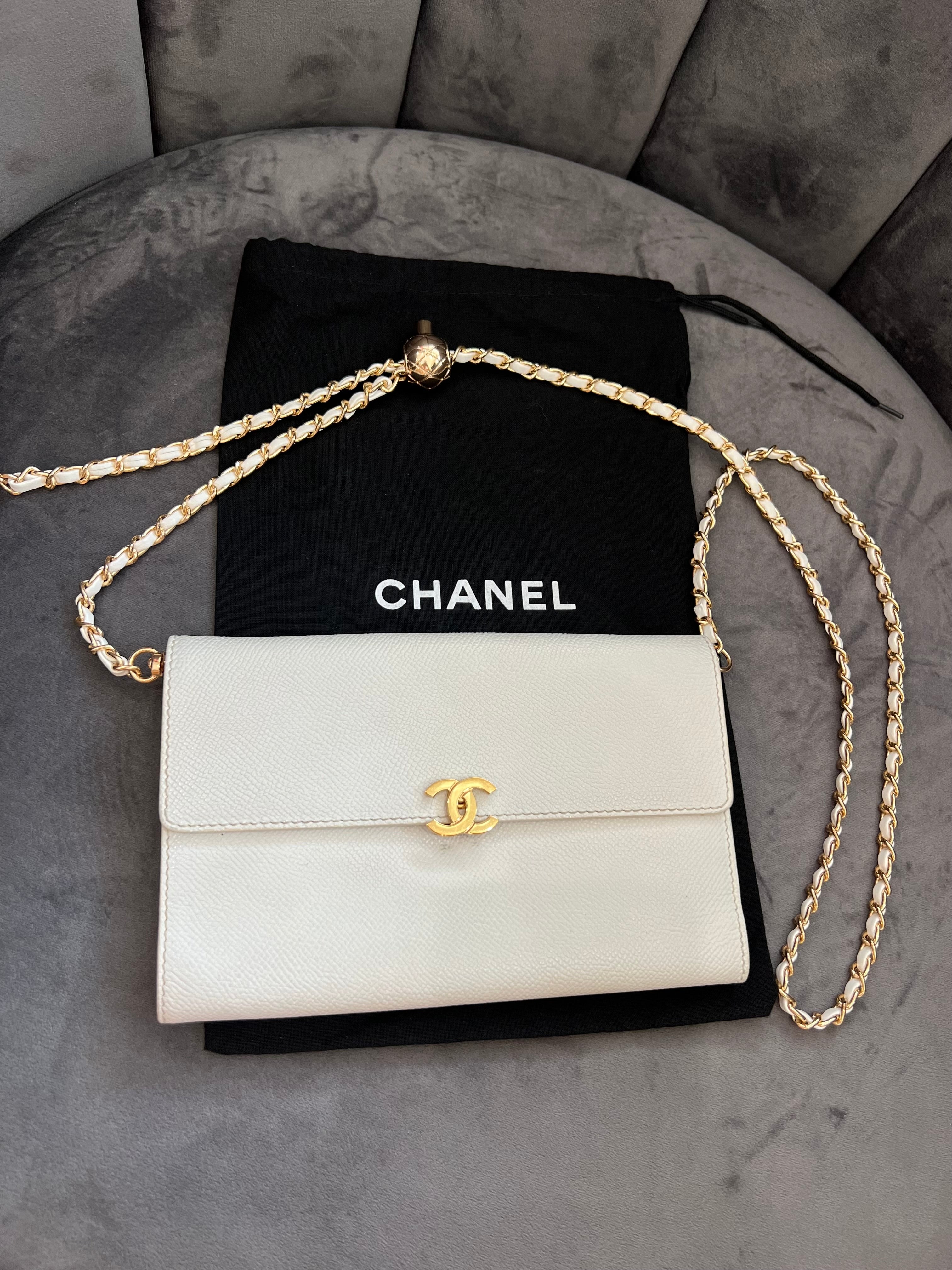 Chanel caviar large white clutch wallet on chain