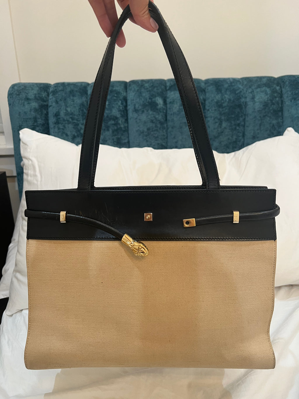 YSL Manhattan canvas tote beige and black