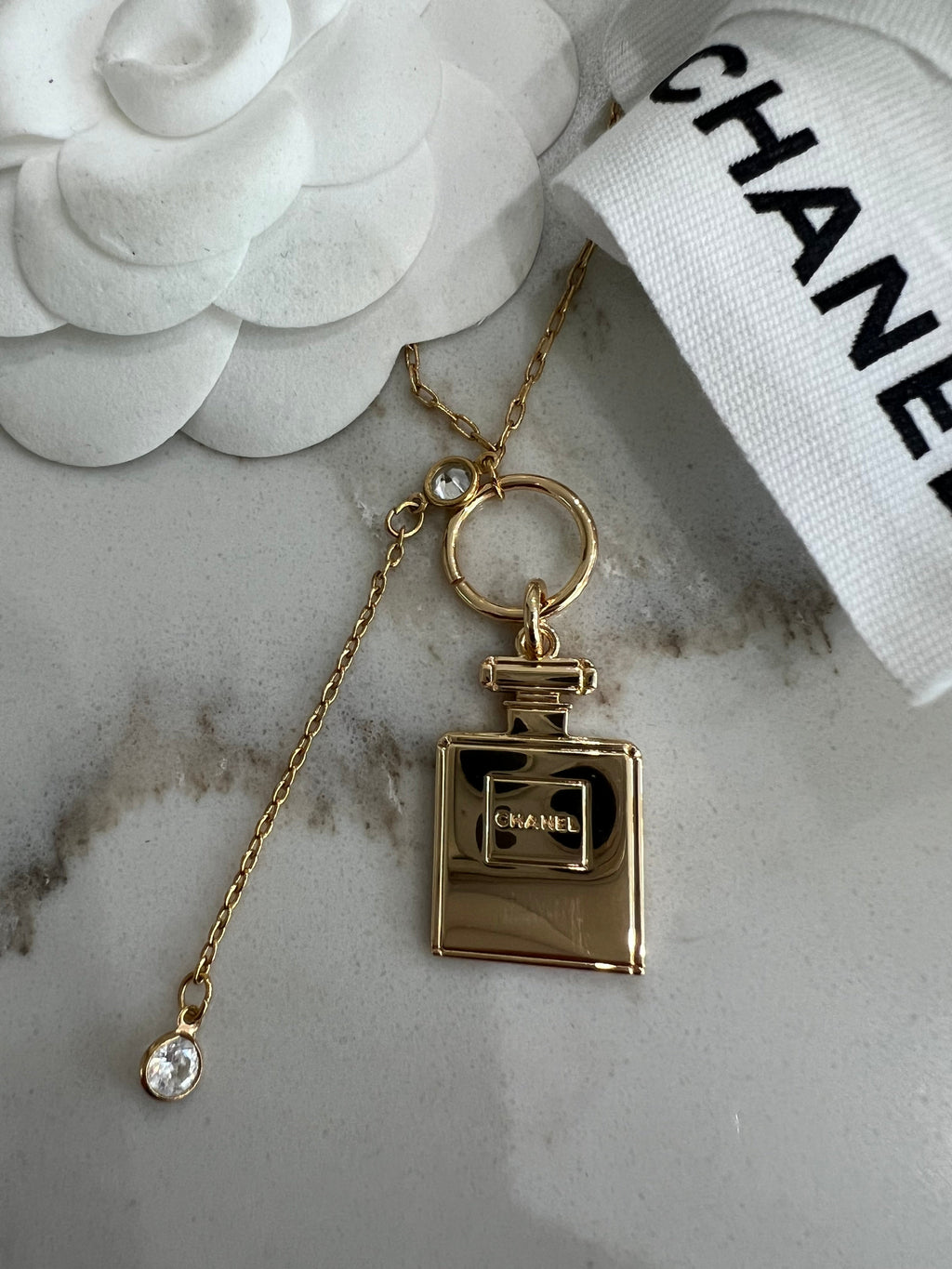 Chanel perfume charm lariat necklace