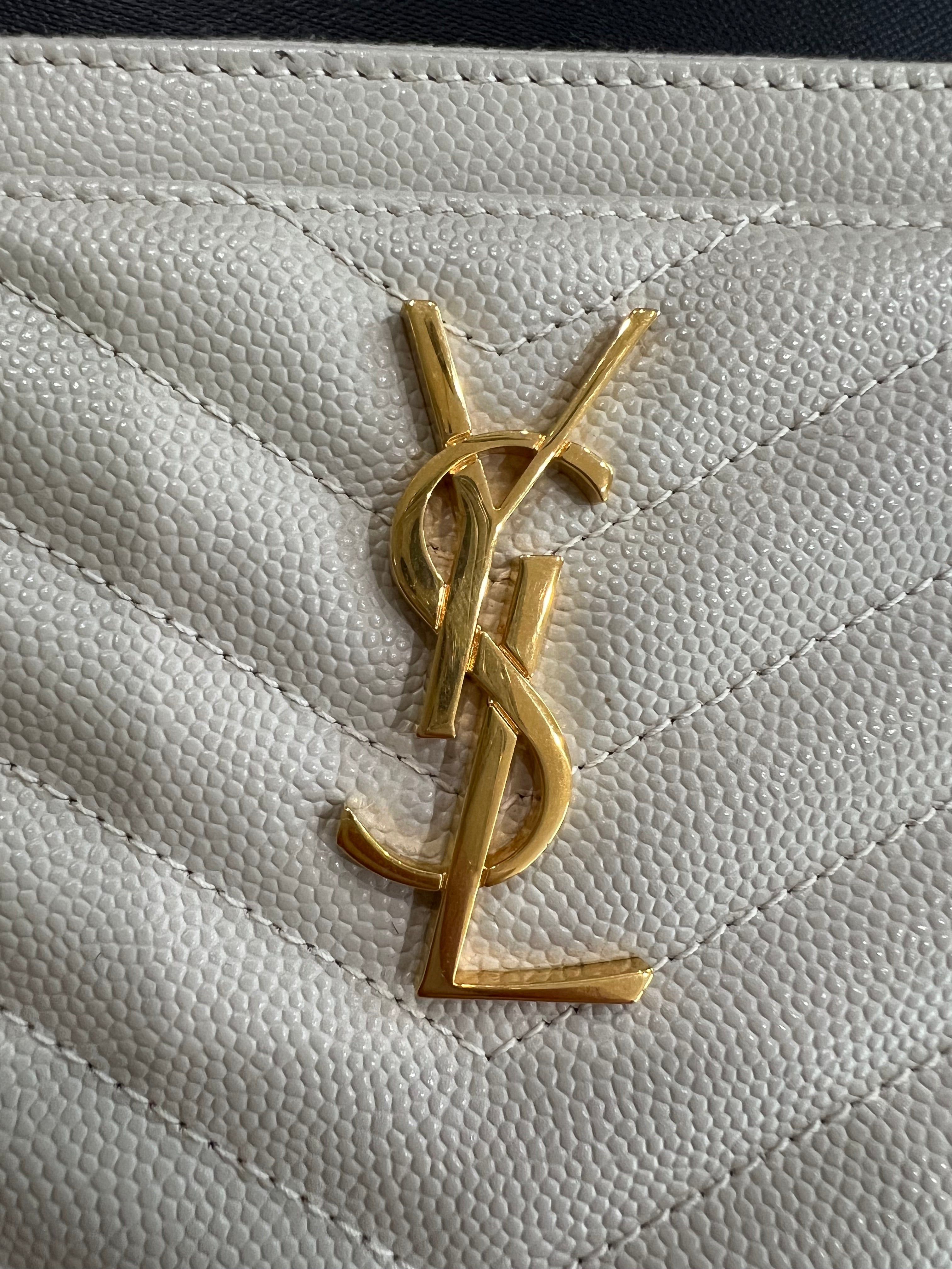 Creme YSL monogram clutch wallet on chain
