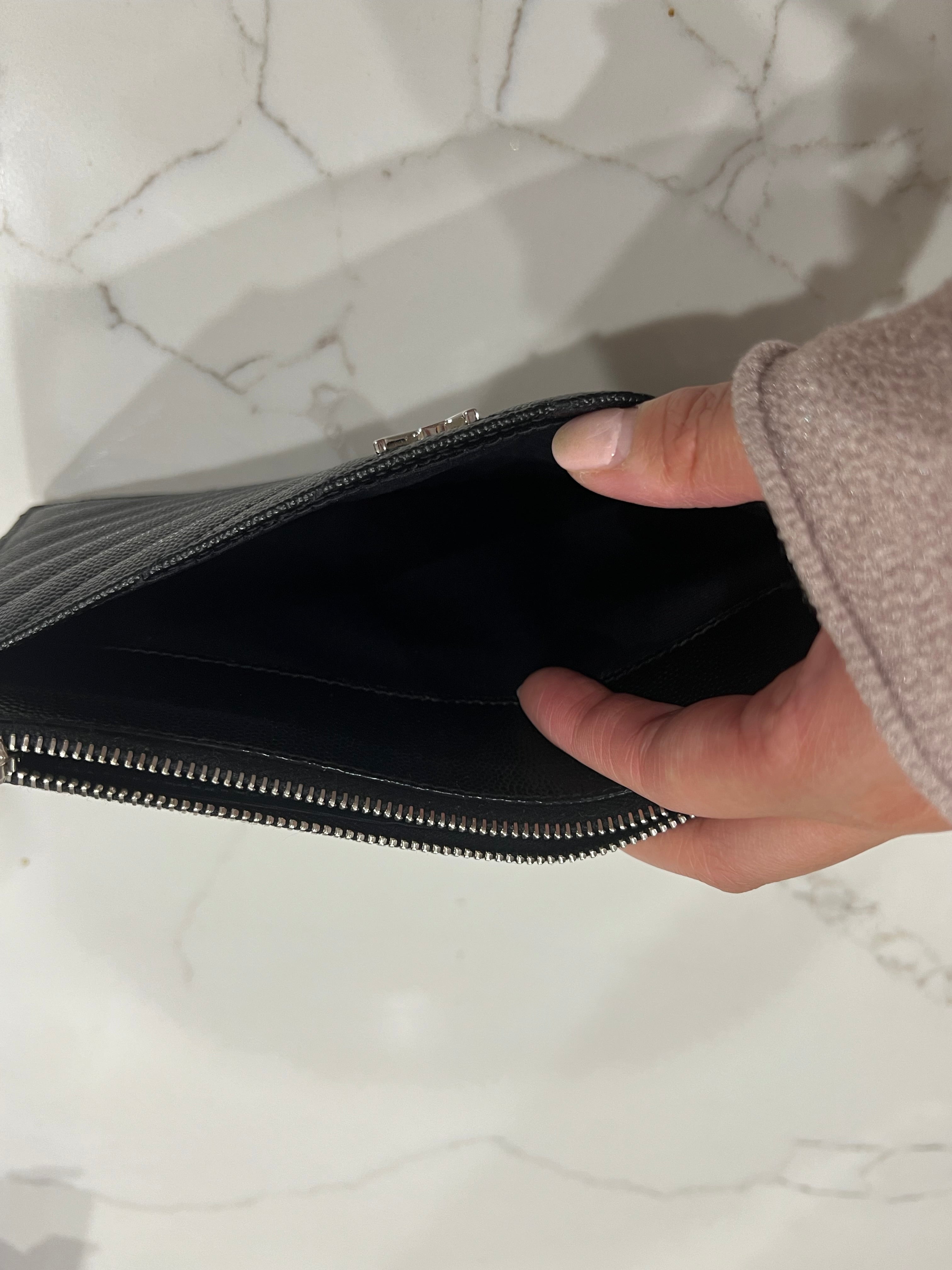 Black YSL monogram clutch wallet on chain
