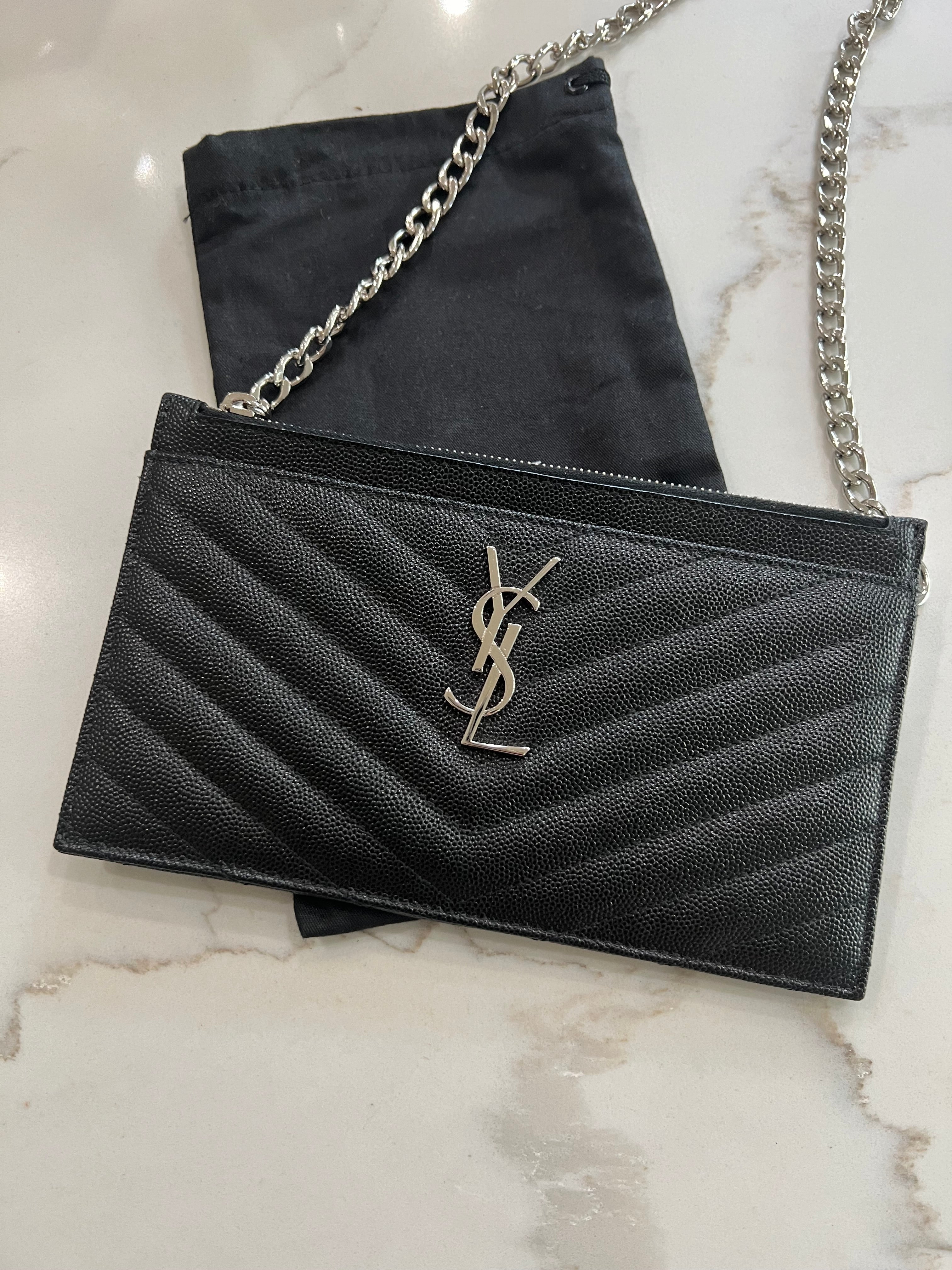 Black YSL monogram clutch wallet on chain