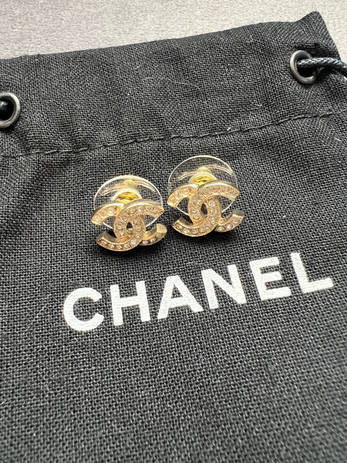 2024 Chanel Gold & Strass CC Earrings with Crystal Accents