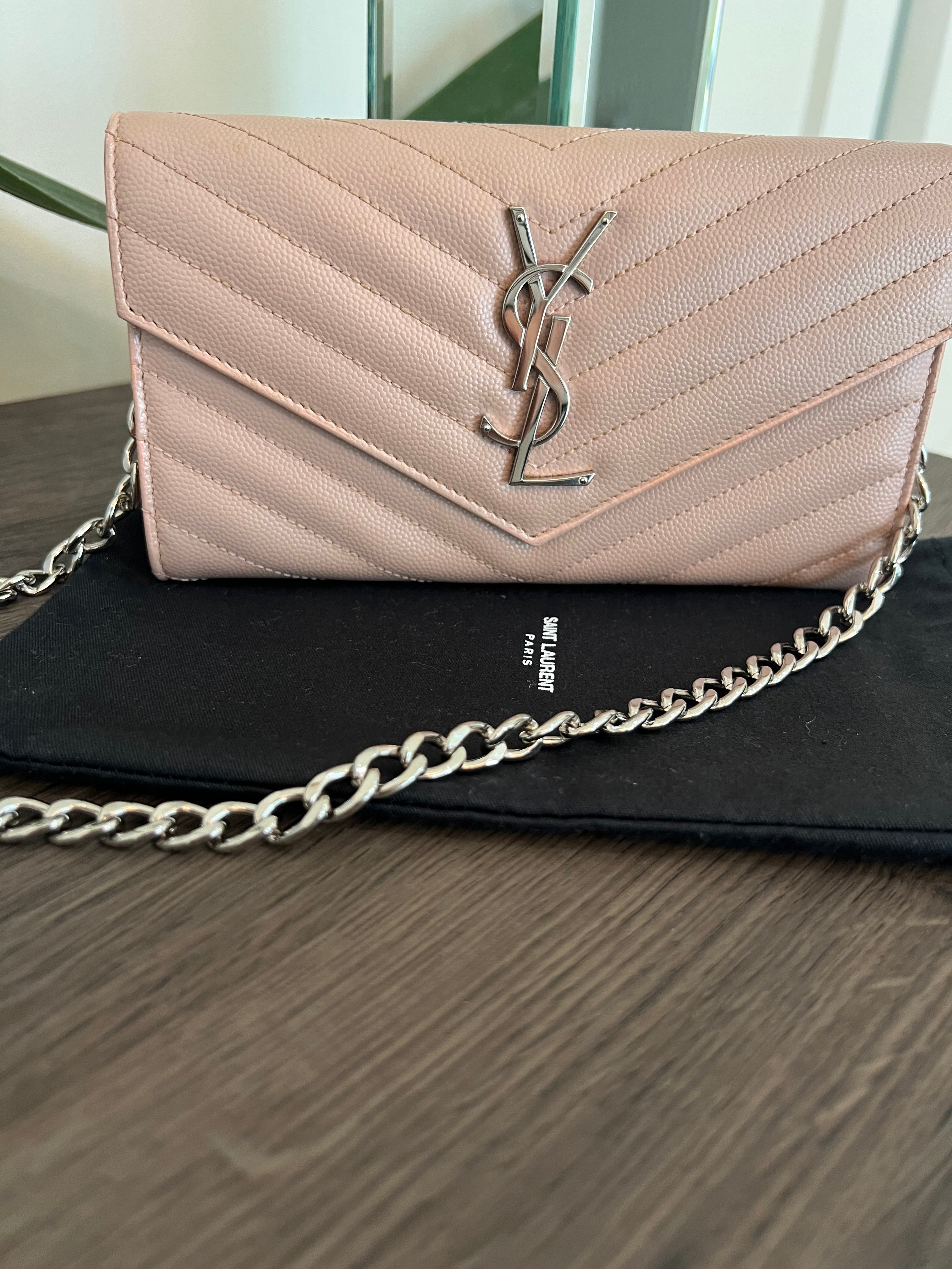 Pink YSL cassandre wallet on chain