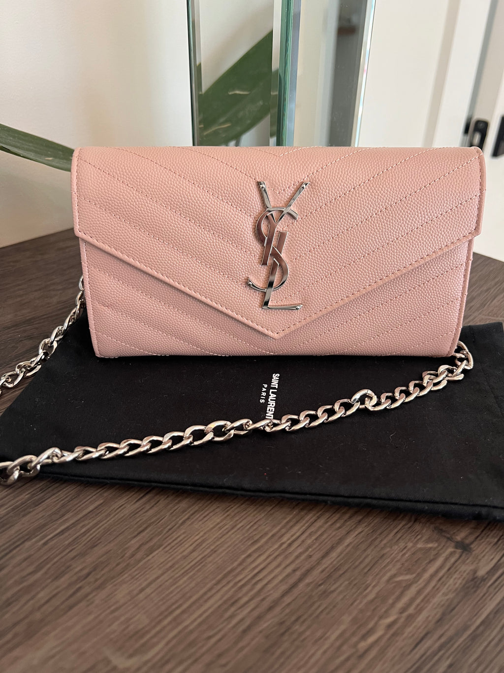 Pink YSL cassandre wallet on chain