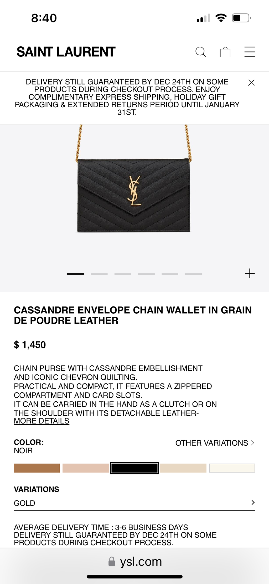 Black YSL cassandre envelope wallet on chain