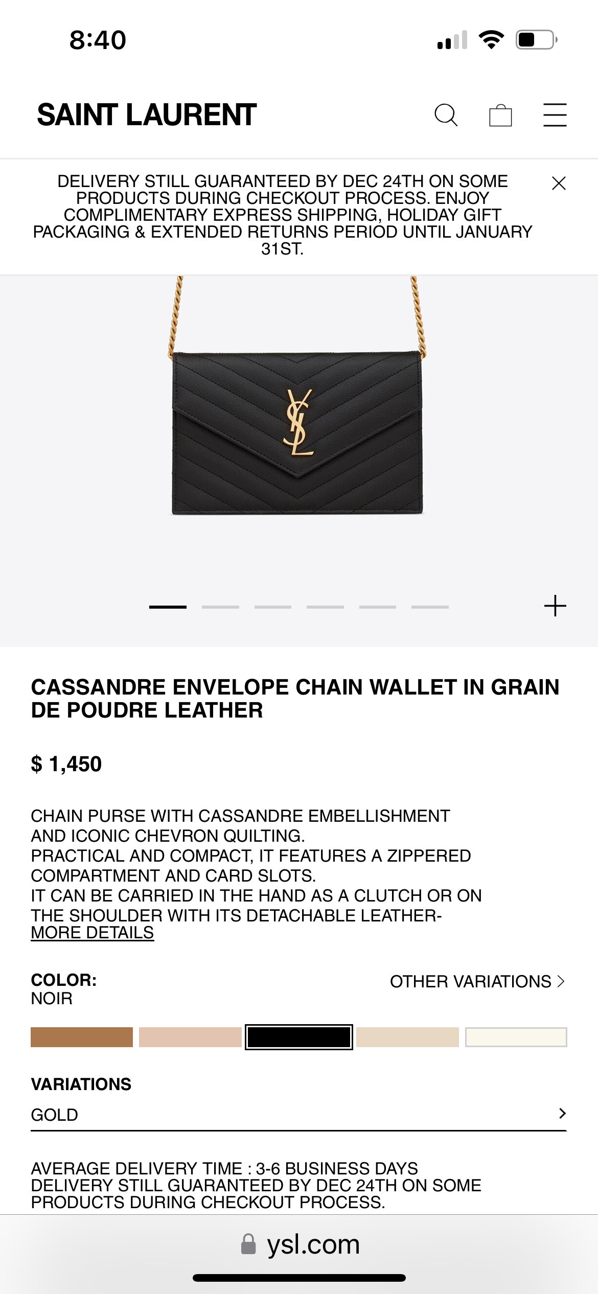 Black YSL cassandre envelope wallet on chain