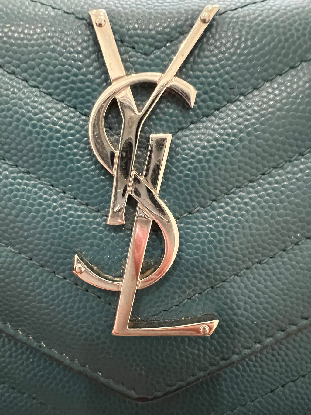 Turquoise YSL cassandre wallet on chain