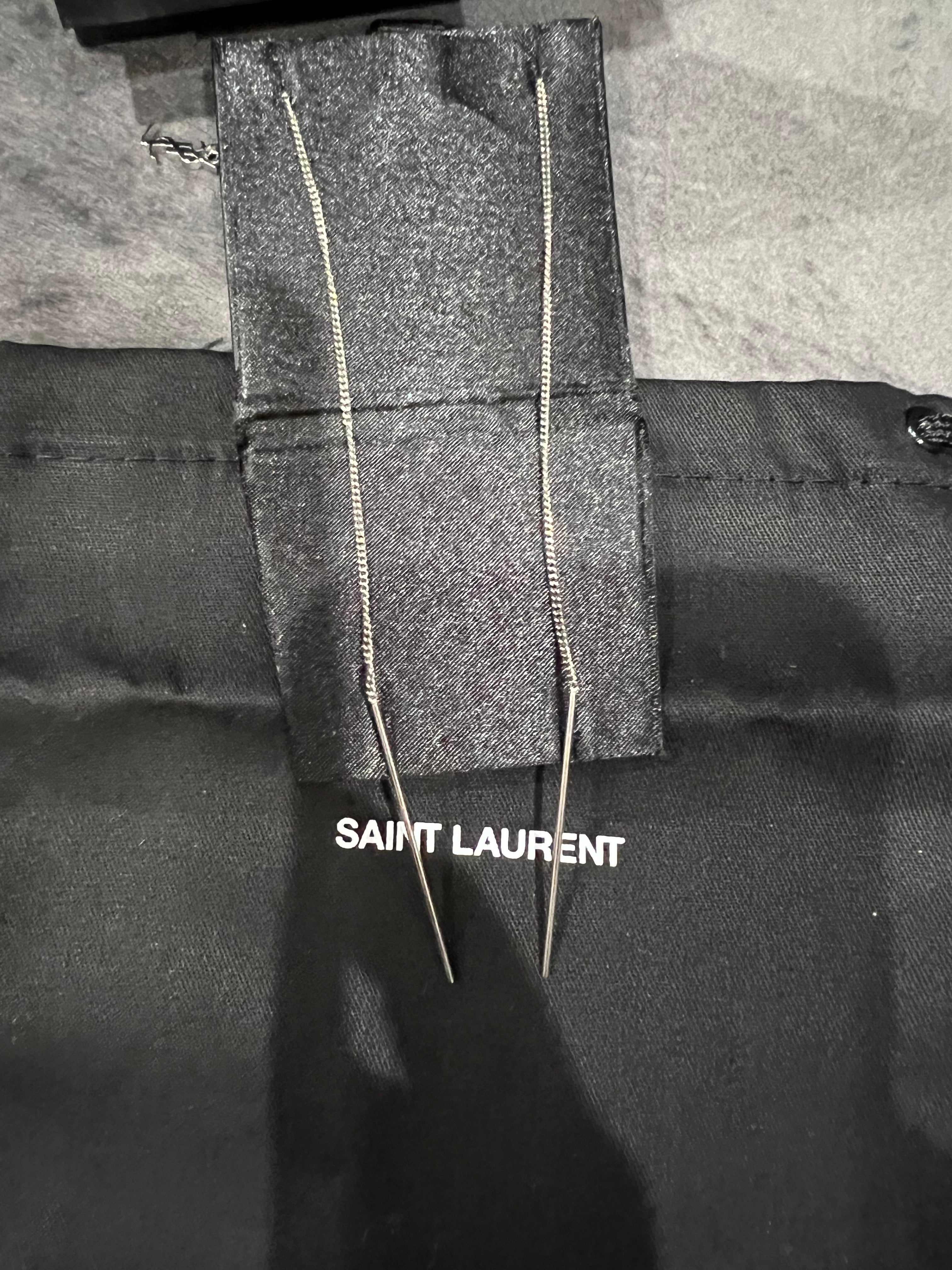 SAINT LAURENT Monogram Threader Earrings Silver
