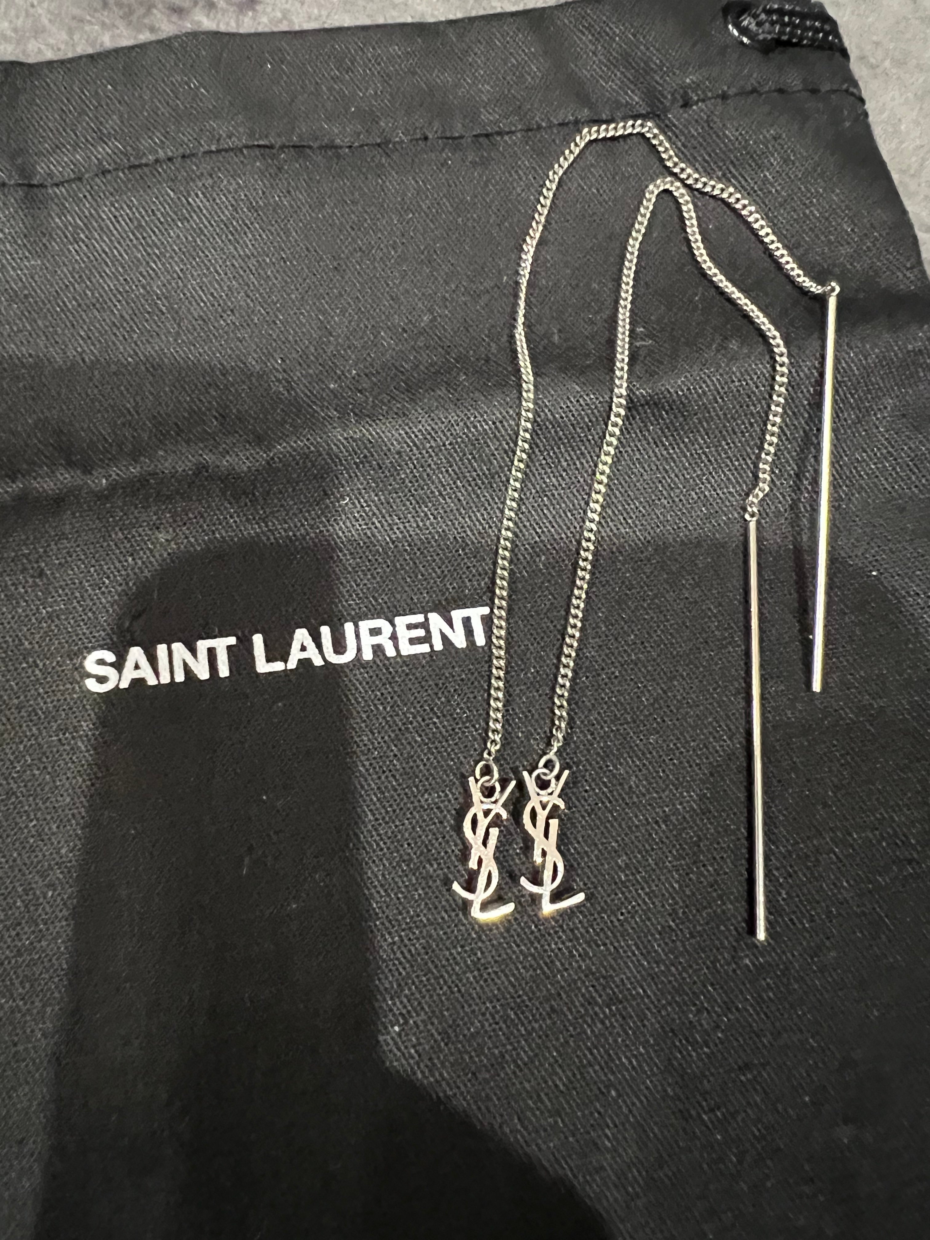 SAINT LAURENT Monogram Threader Earrings Silver