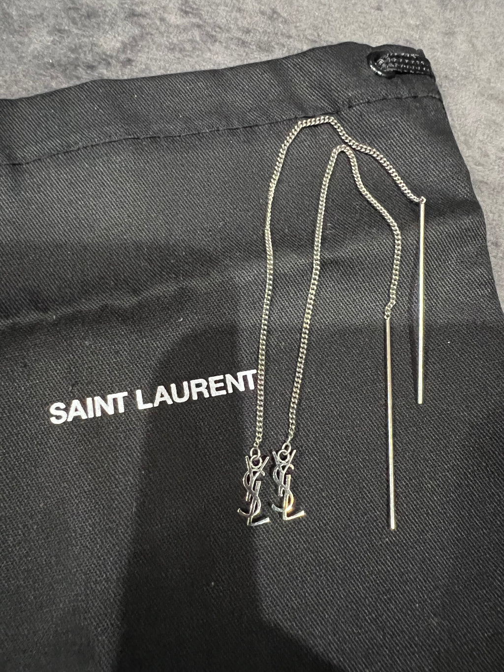 SAINT LAURENT Monogram Threader Earrings Silver