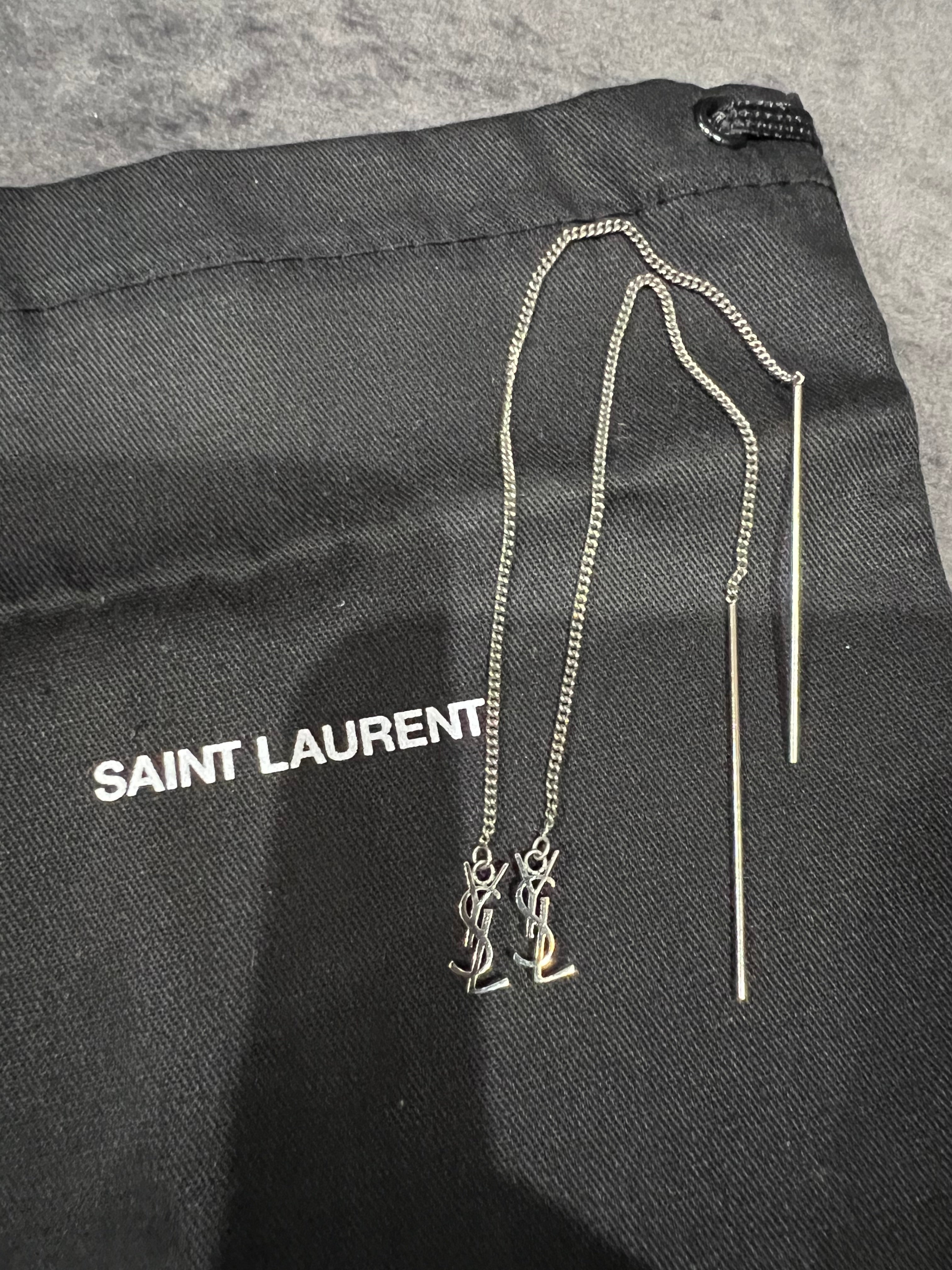SAINT LAURENT Monogram Threader Earrings Silver
