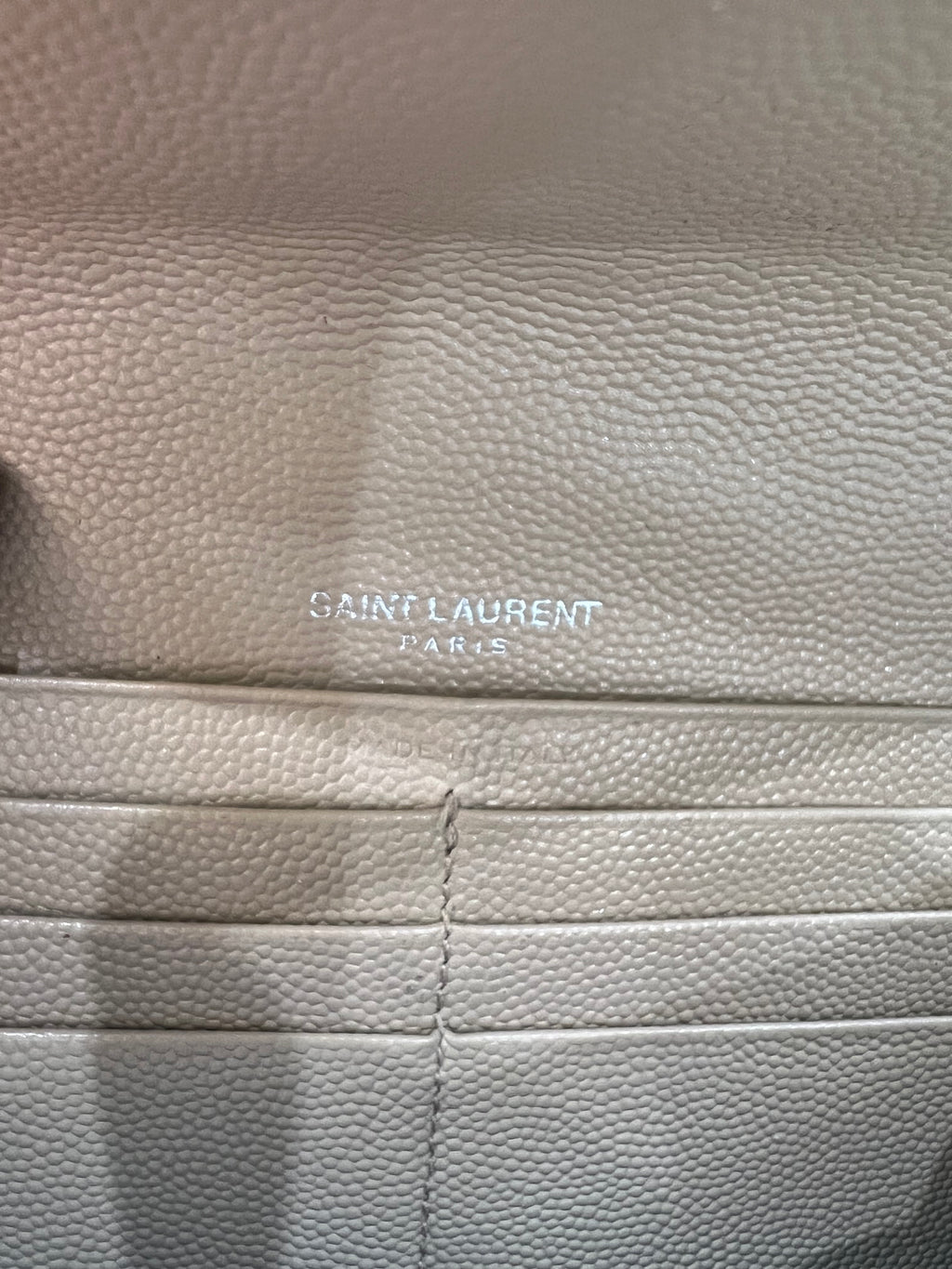 Beige YSL cassandre wallet on chain