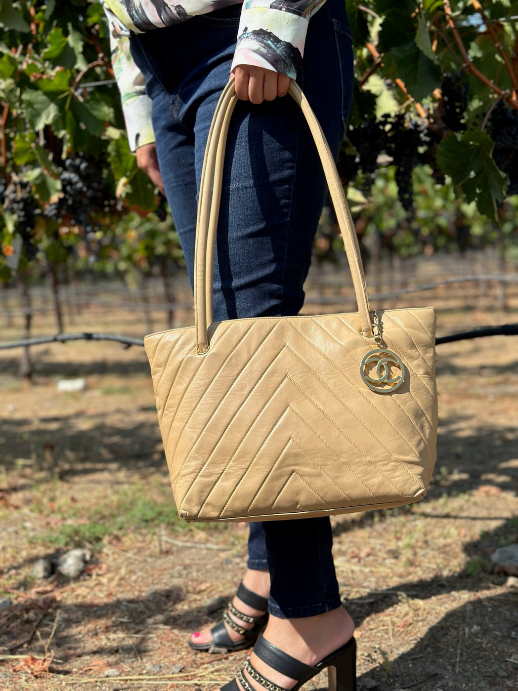Chanel Chevron Tote in Beige Vintage 24k gold